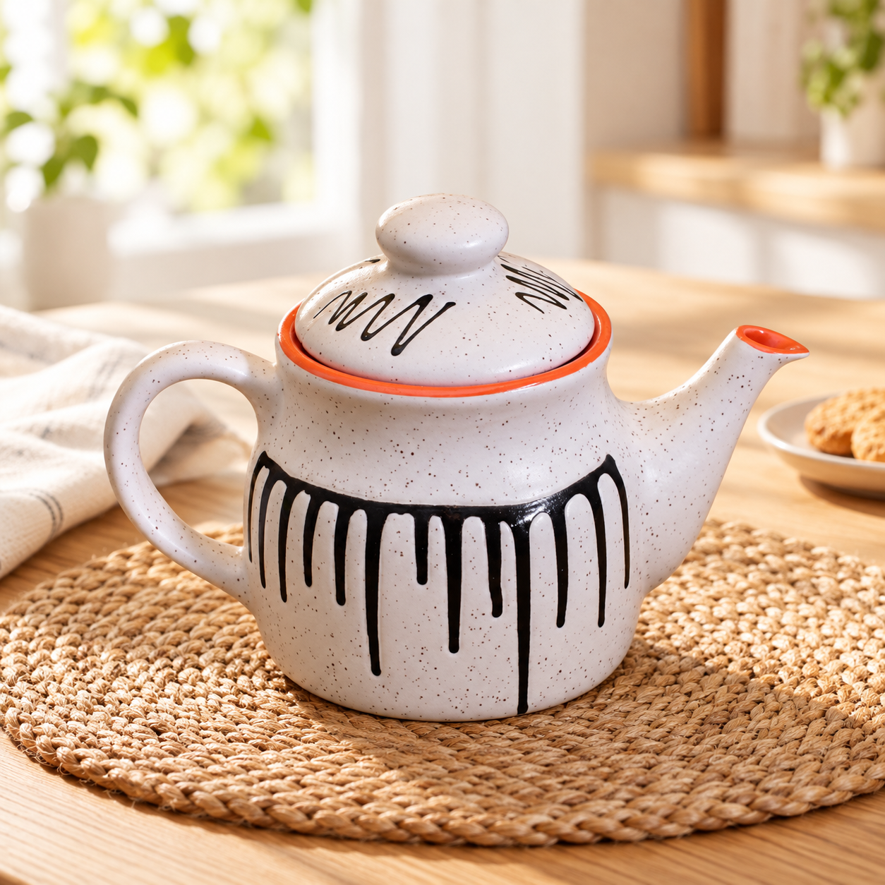 KunhaR Ceramic Teapot - 1 Piece, White-Red, 650 ml