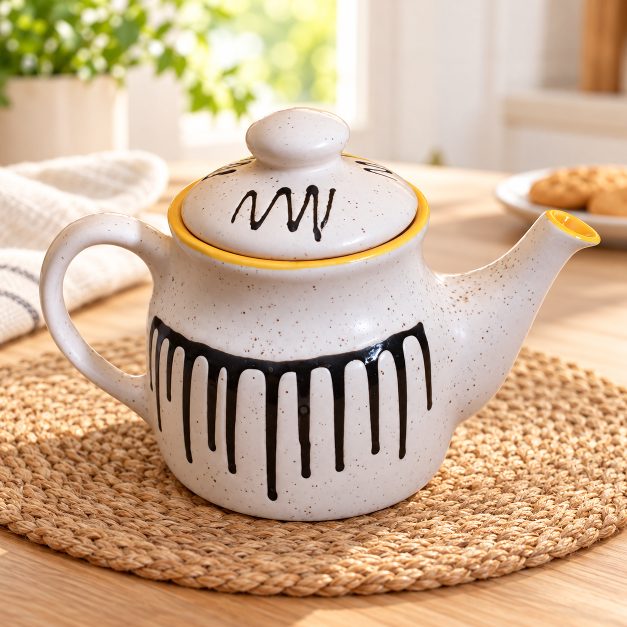 KunhaR Ceramic Teapot - 1 Piece, White-Yellow, 650 ml