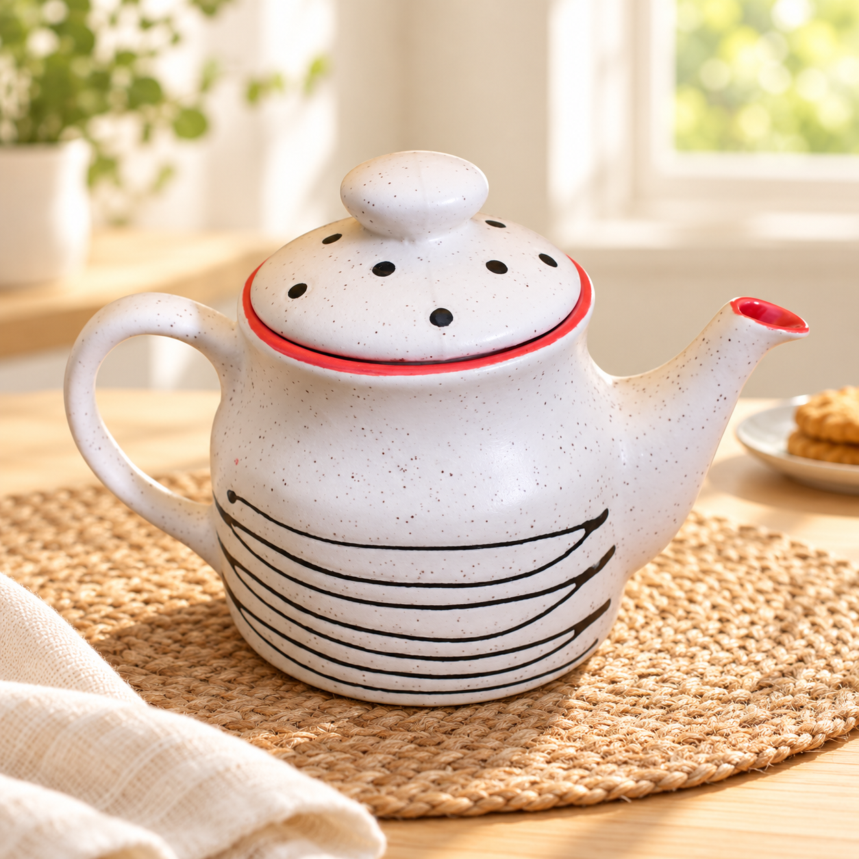 KunhaR Ceramic Teapot - 1 Piece, White-Red, 650 ml