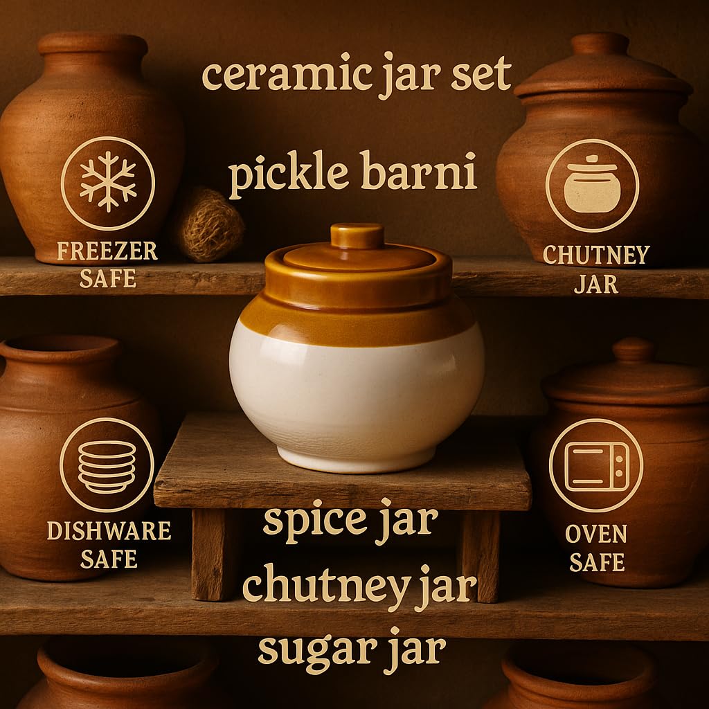 Kunhar Ceramic Jars (750ML) – Handcrafted Multipurpose Barni with Lid for Pickle, Chutney, Spices, Salt, Sugar – Kitchen Storage Containers, White (Set of 2)