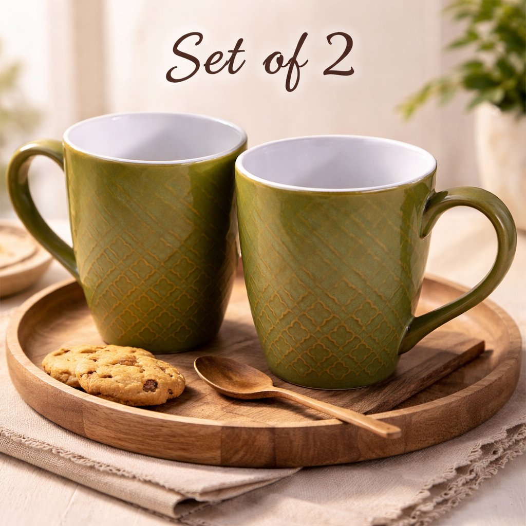 Kunhar Ceramic Milk Mug, Coffee Mug - 2 Pieces, Muddy Green, 350ml - Image 1