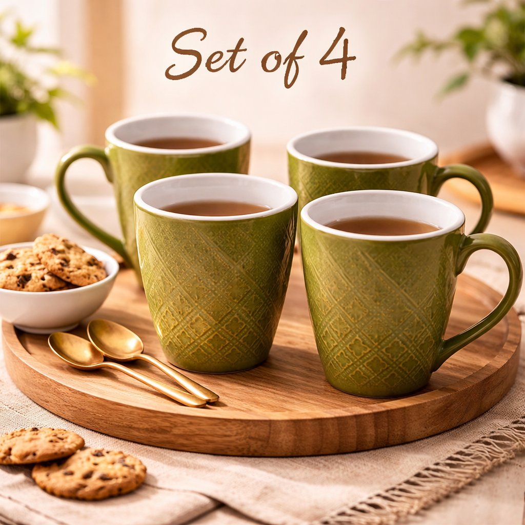 Kunhar Ceramic Milk Mug, Coffee Mug - 4 Pieces, Muddy Green, 350ml - Image 6