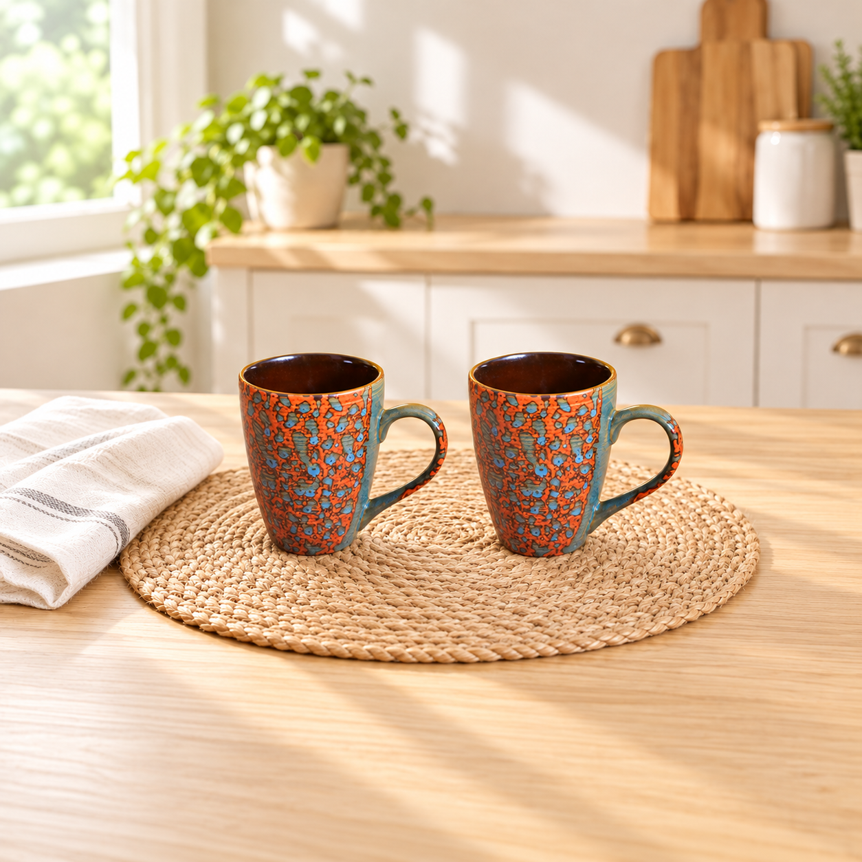 Kunhar Ceramic Milk Mug, Coffee Mug - 2 Pieces, Orange Blue, 350ml