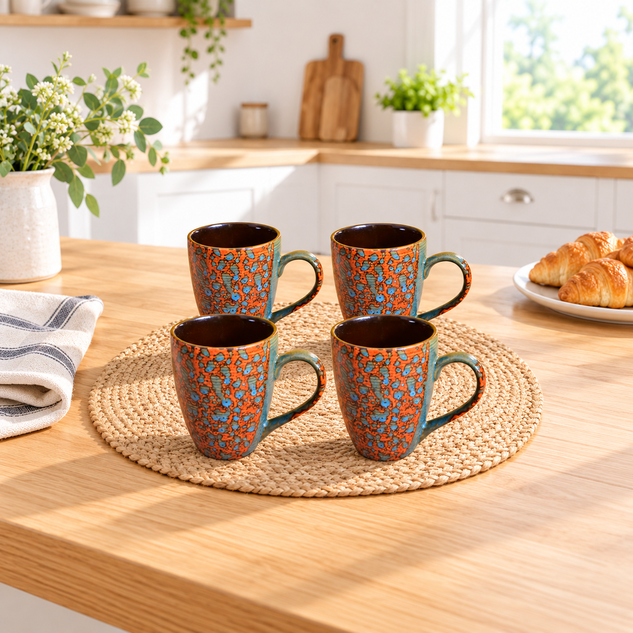 Kunhar Ceramic Milk Mug, Coffee Mug - 4 Pieces, Orange Blue, 350ml