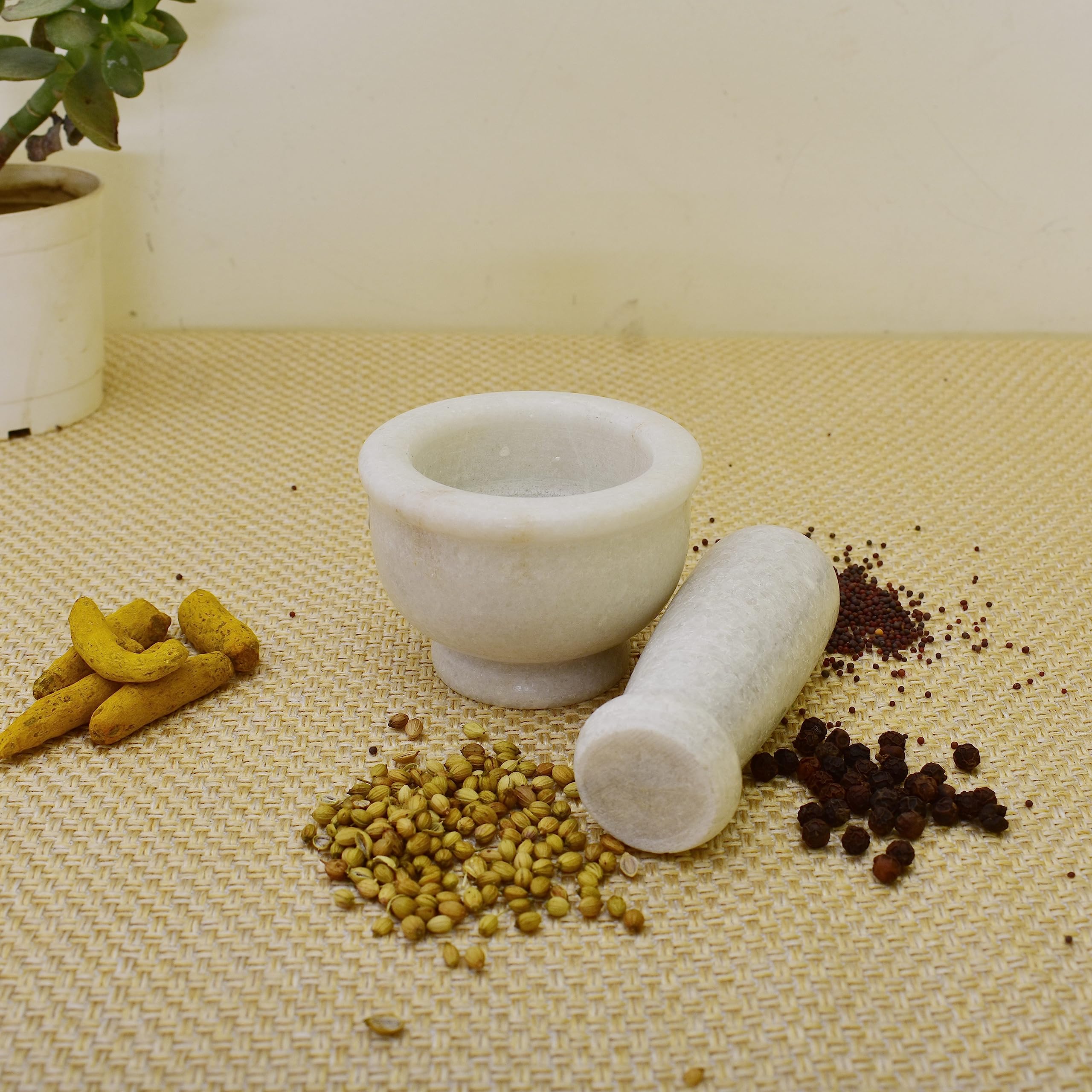 KunhaR Natural White Marble Mortar and Pestle Set, Imam Dasta, Ohkli Musal, Kharal - 3 x 2 Inches, White, (Half Polish) - Image 3