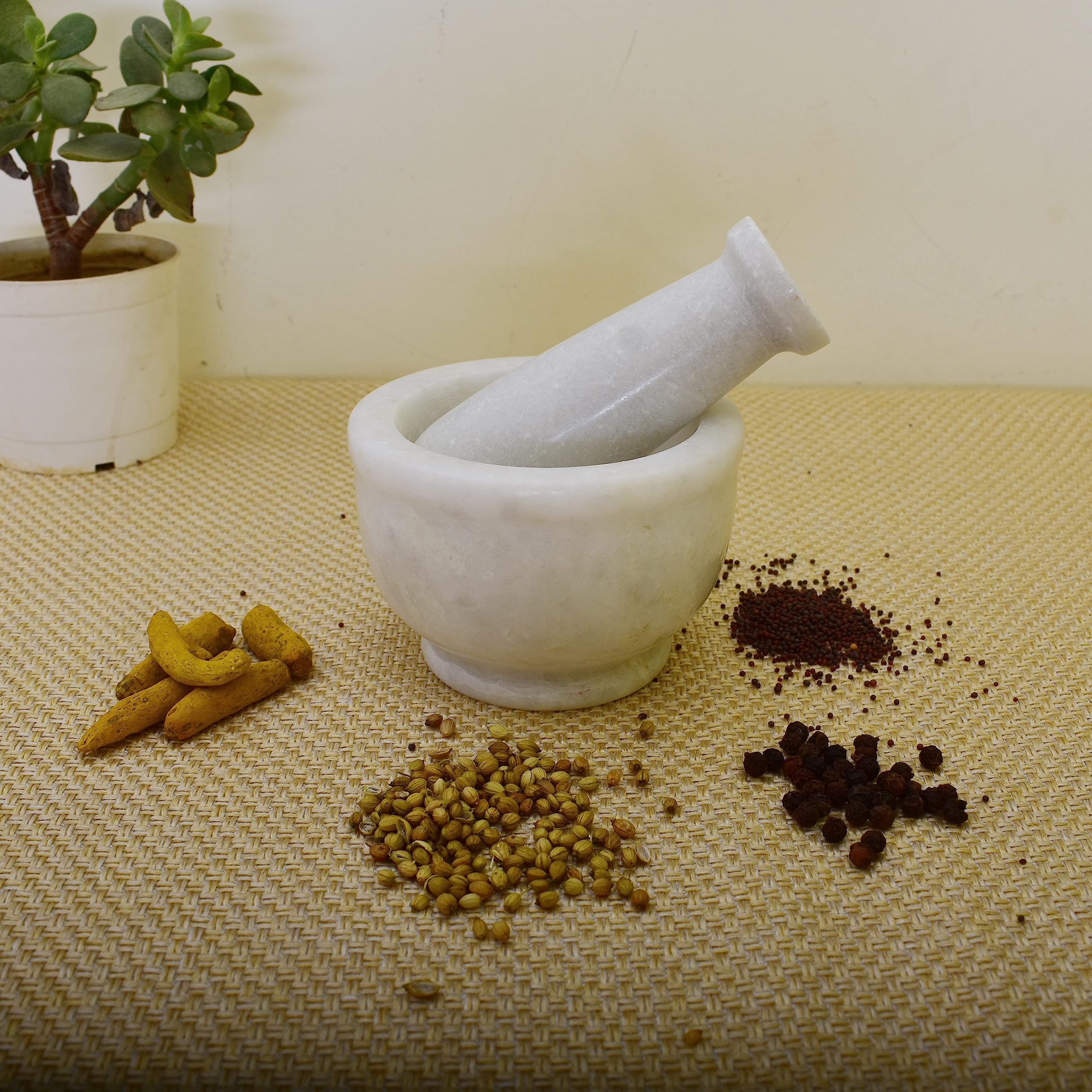 KunhaR Natural White Marble Mortar and Pestle Set, Imam Dasta, Ohkli Musal, Kharal - 3 x 2 Inches, White, (Half Polish) - Image 5