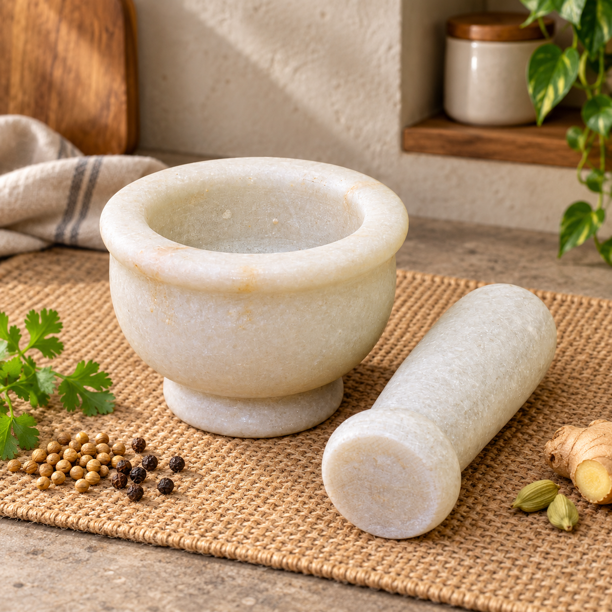 KunhaR Natural White Marble Mortar and Pestle Set, Imam Dasta, Ohkli Musal, Kharal - 3 x 2 Inches, White, (Half Polish)