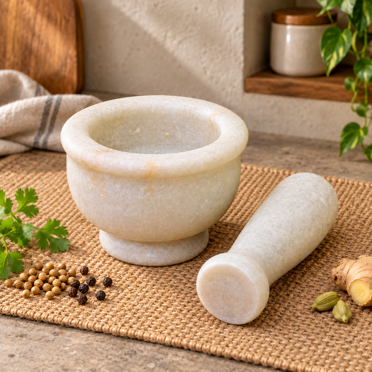 KunhaR Natural White Marble Mortar and Pestle Set, Imam Dasta, Ohkli Musal, Kharal - 3 x 2 Inches, White, (Half Polish)