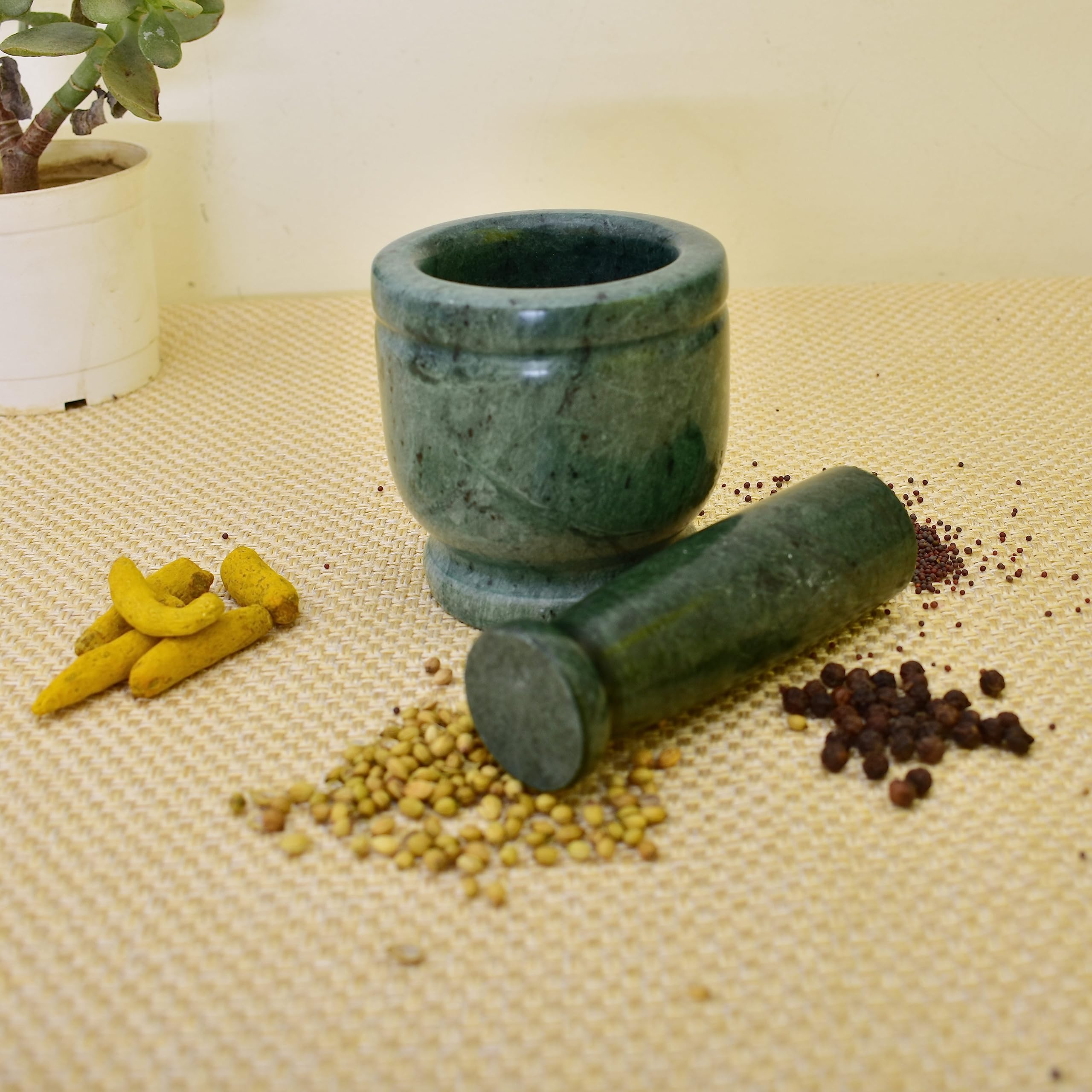 KunhaR Natural Green Marble Mortar and Pestle Set, Imam Dasta, Ohkli Musal, Kharal - 3 x 3 Inches, Green, (Full Polish) - Image 6