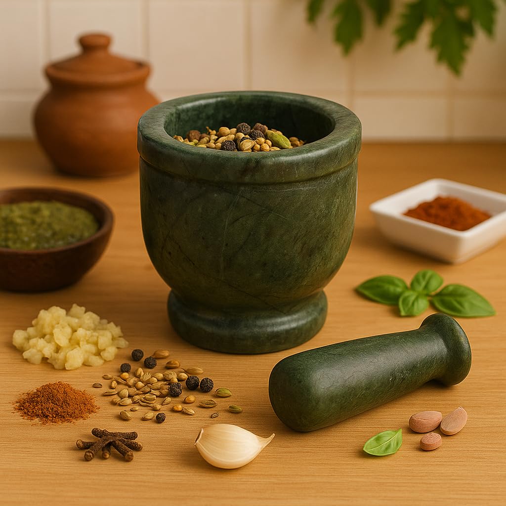 KunhaR Natural Green Marble Mortar and Pestle Set, Imam Dasta, Ohkli Musal, Kharal - 3 x 3 Inches, Green, (Full Polish) - Image 7