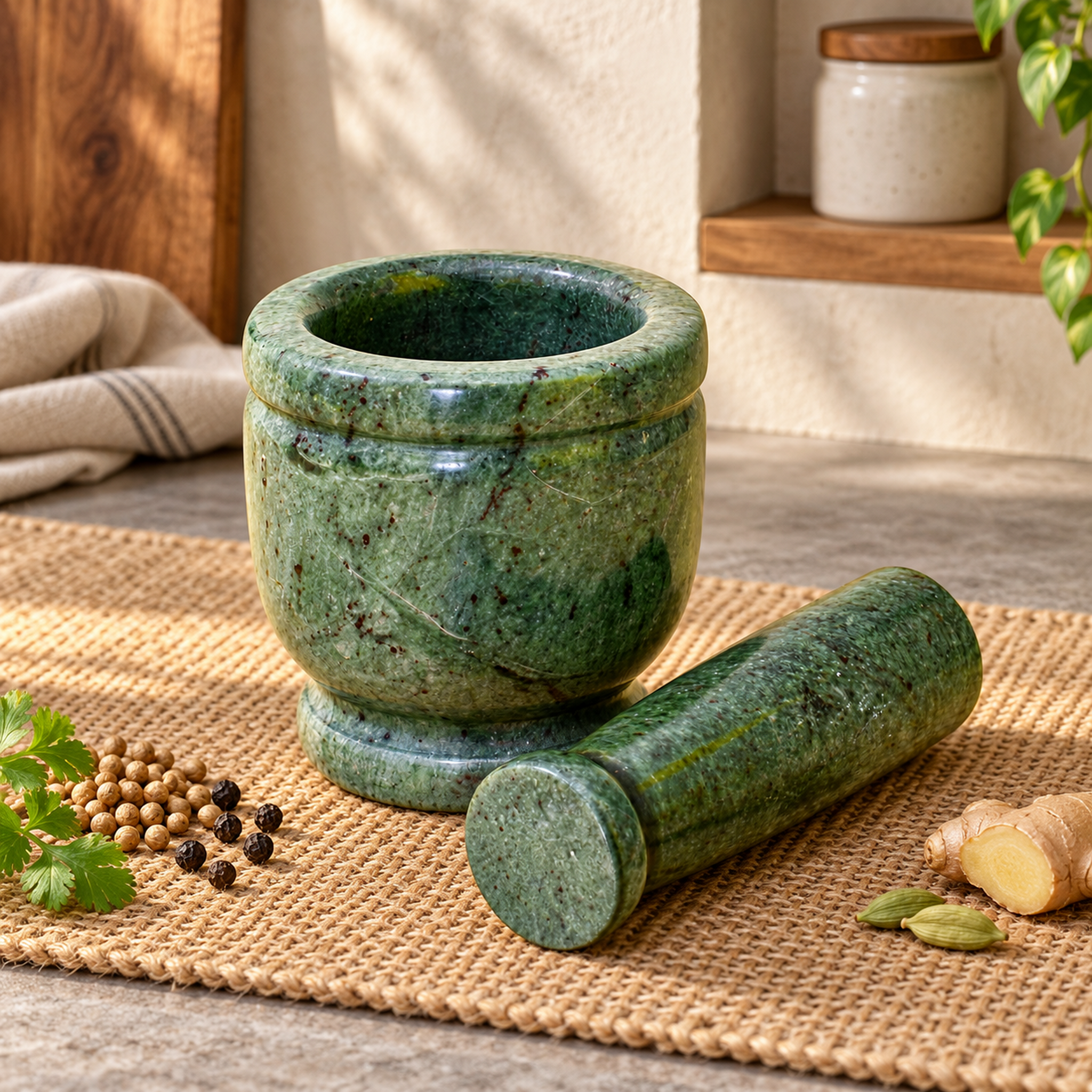 KunhaR Natural Green Marble Mortar and Pestle Set, Imam Dasta, Ohkli Musal, Kharal - 3 x 3 Inches, Green, (Full Polish)