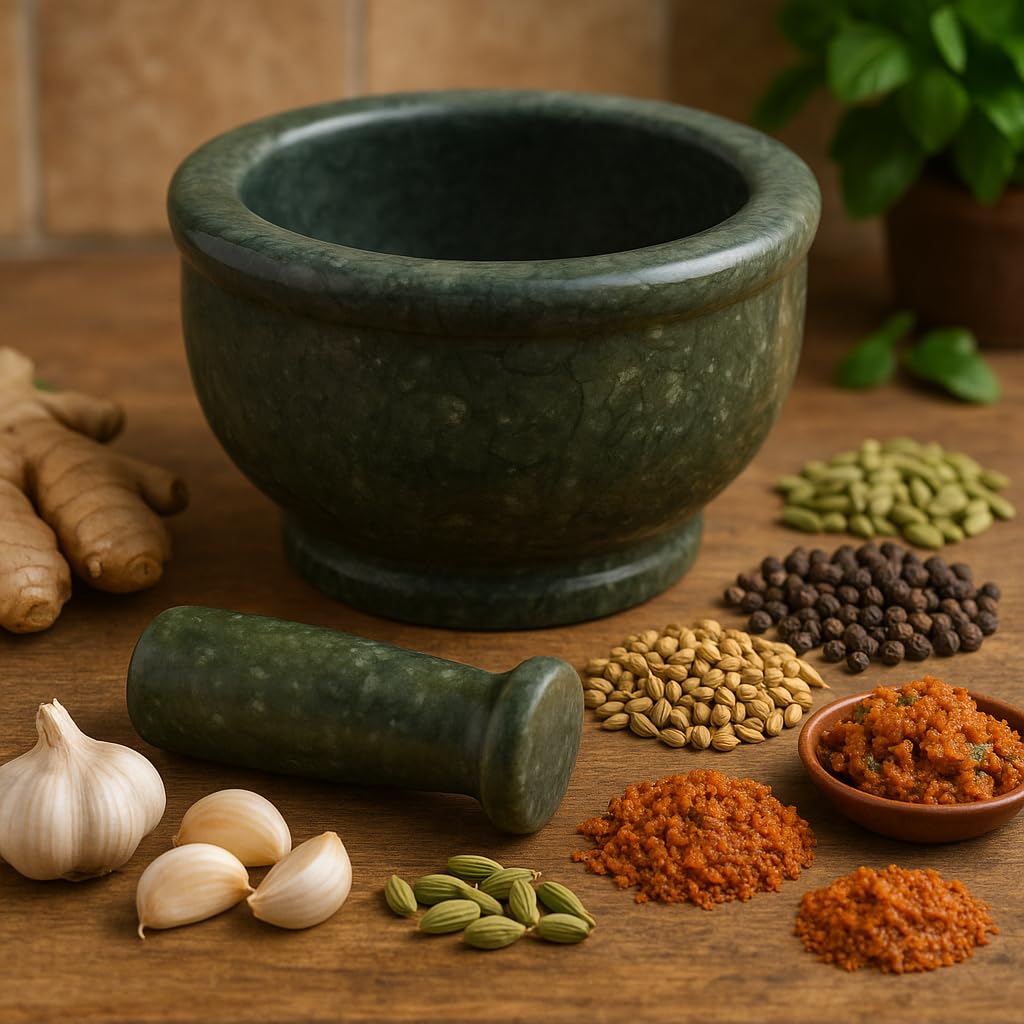 Kunhar Natural Green Marble Mortar Pestle Set Imam Dasta Ohkli Musal Kharal 4 x 2.5 Inches Green Half Polish Kitchen Grinding Tool - Image 6