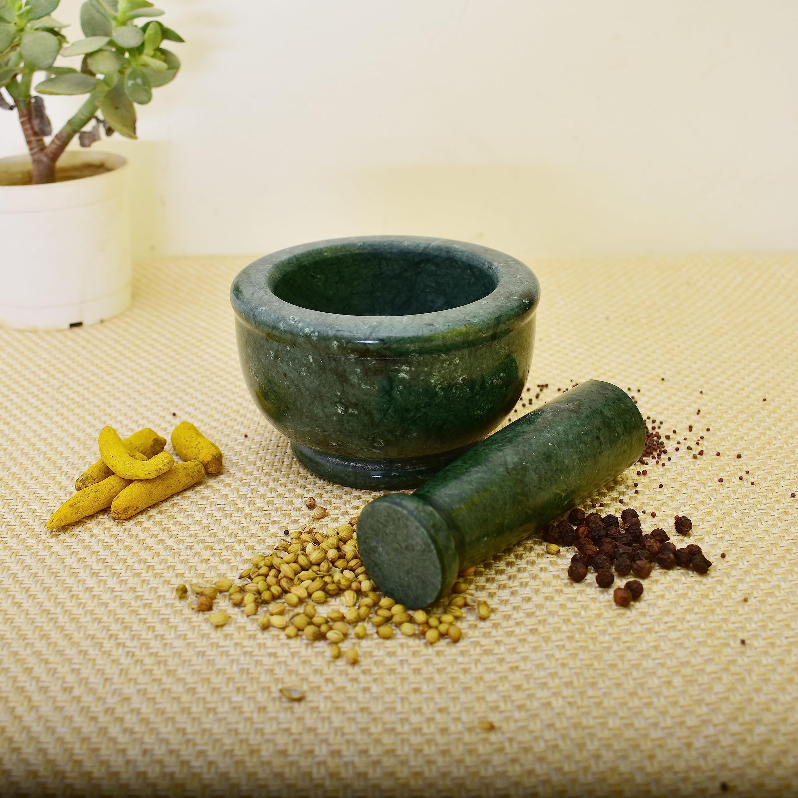 Kunhar Natural Green Marble Mortar Pestle Set Imam Dasta Ohkli Musal Kharal 4 x 2.5 Inches Green Half Polish Kitchen Grinding Tool - Image 7