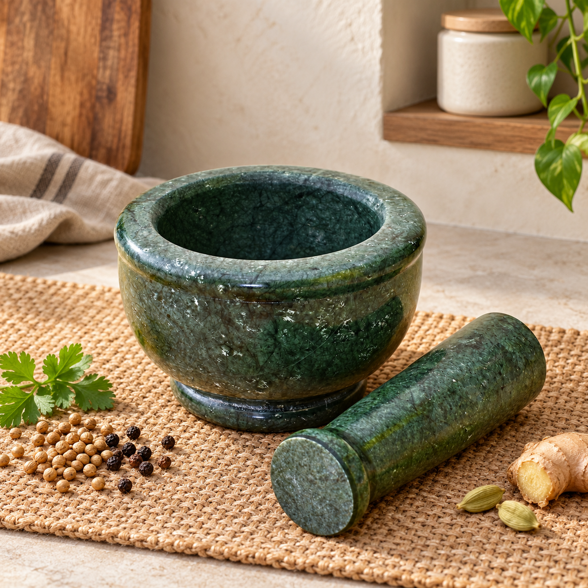 Kunhar Natural Green Marble Mortar Pestle Set Imam Dasta Ohkli Musal Kharal 4 x 2.5 Inches Green Half Polish Kitchen Grinding Tool
