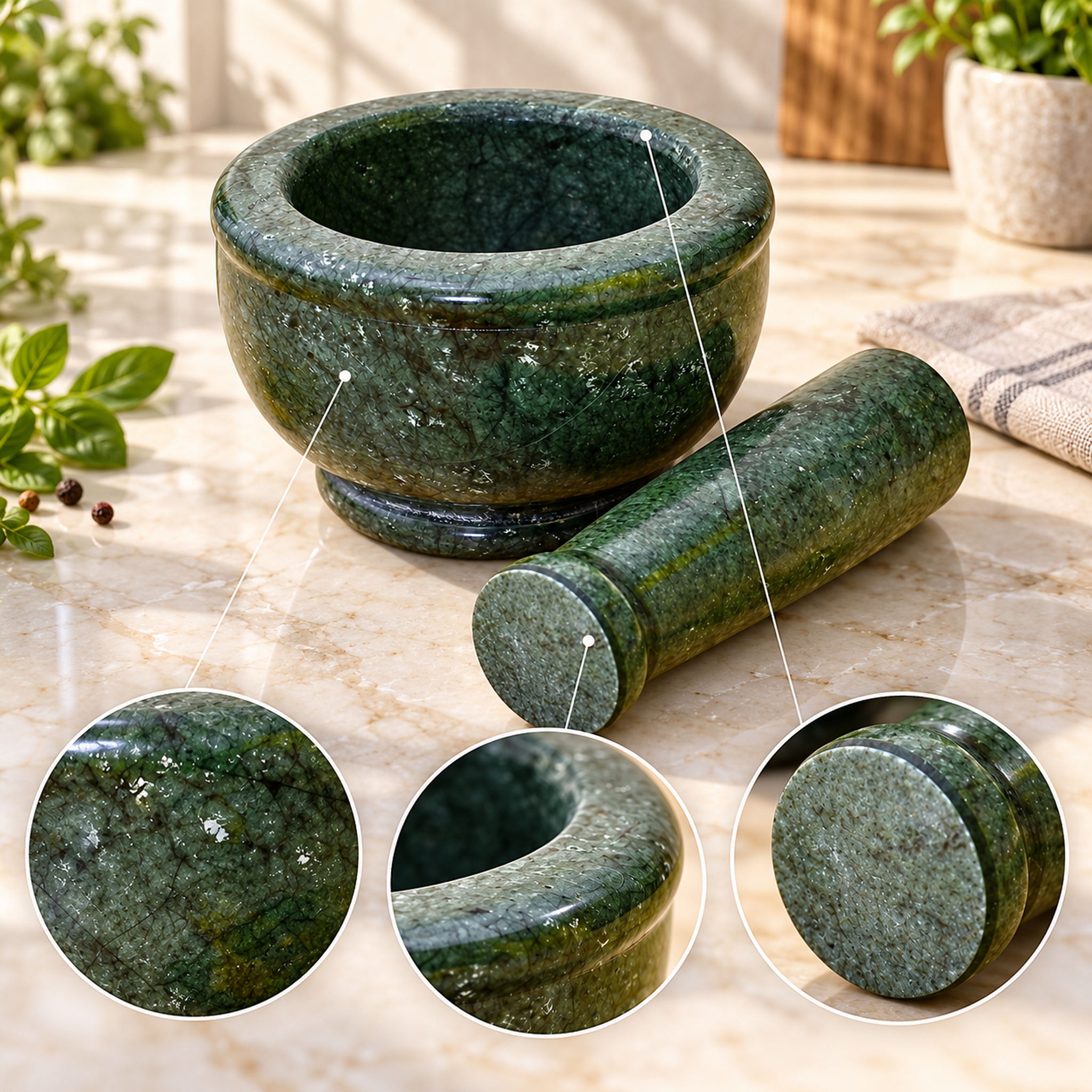 Kunhar Natural Green Marble Mortar Pestle Set Imam Dasta Ohkli Musal Kharal 4 x 2.5 Inches Green Half Polish Kitchen Grinding Tool - Image 2