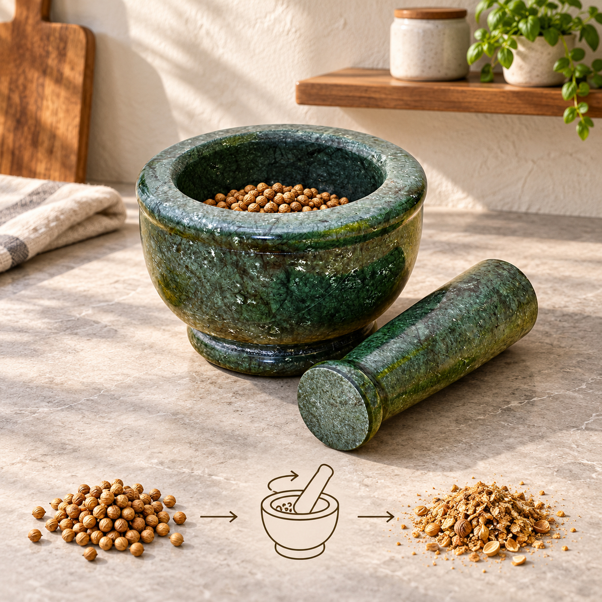Kunhar Natural Green Marble Mortar Pestle Set Imam Dasta Ohkli Musal Kharal 4 x 2.5 Inches Green Half Polish Kitchen Grinding Tool - Image 3