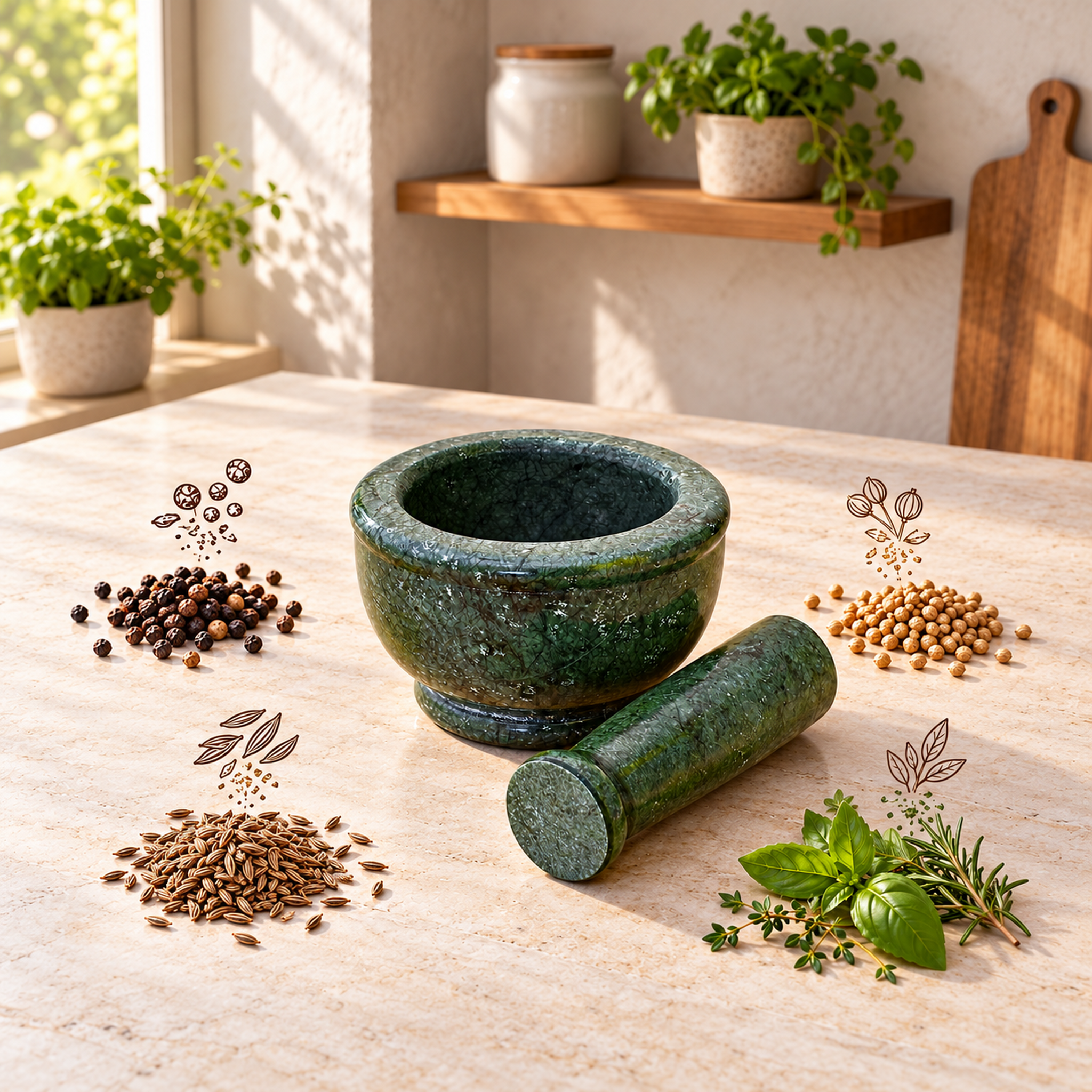 Kunhar Natural Green Marble Mortar Pestle Set Imam Dasta Ohkli Musal Kharal 4 x 2.5 Inches Green Half Polish Kitchen Grinding Tool - Image 4