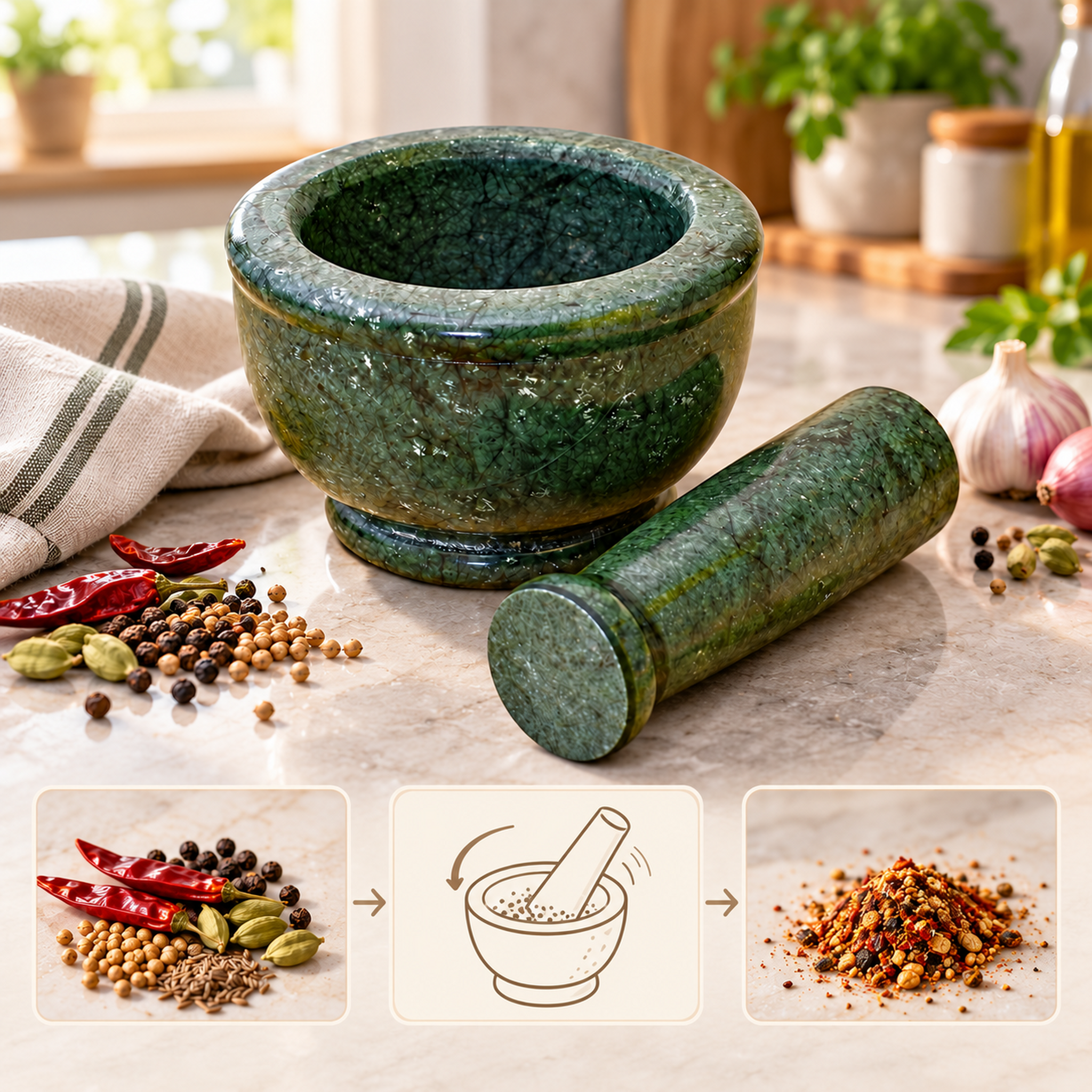 Kunhar Natural Green Marble Mortar Pestle Set Imam Dasta Ohkli Musal Kharal 4 x 2.5 Inches Green Half Polish Kitchen Grinding Tool - Image 5