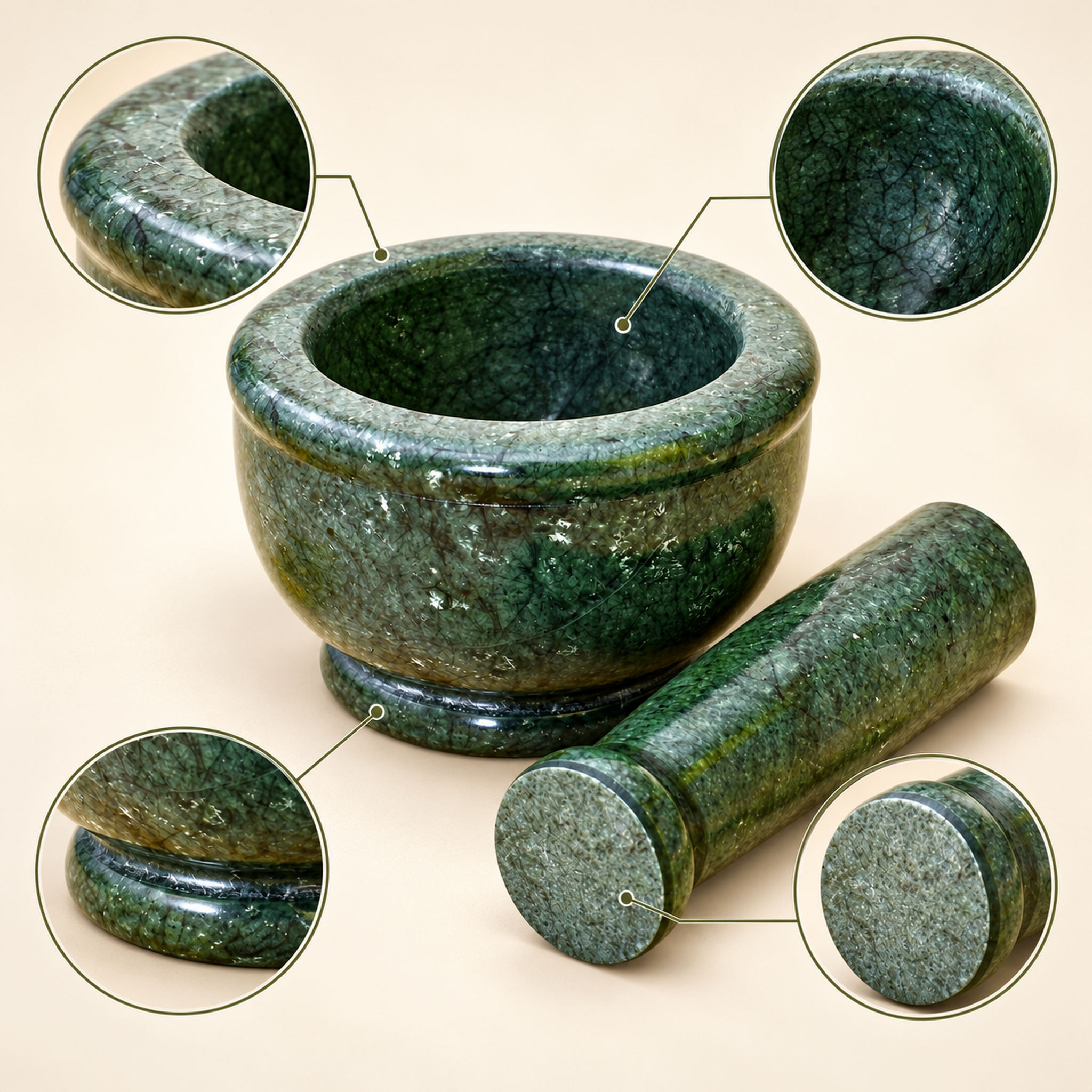 Kunhar Natural Green Marble Mortar Pestle Set Imam Dasta Ohkli Musal Kharal 4 x 2.5 Inches Green Half Polish Kitchen Grinding Tool - Image 7