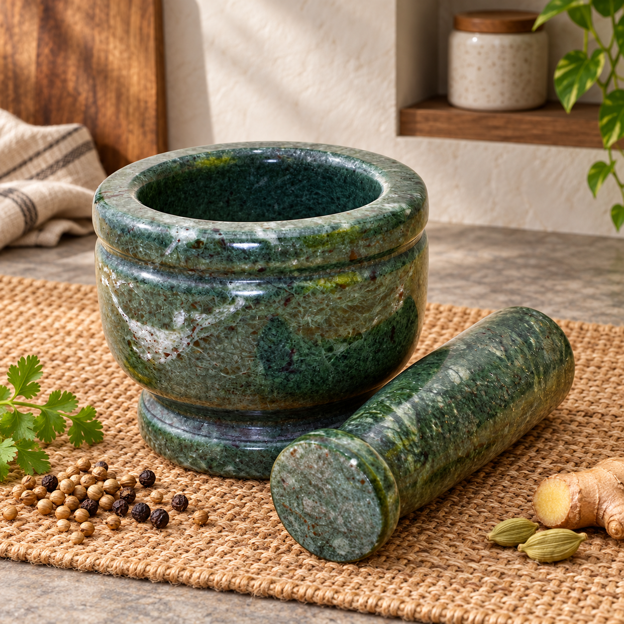 KunhaR Natural Green Marble Mortar and Pestle Set, Imam Dasta, Ohkli Musal, Kharal - 4 x 3 Inches, Green, (Full Polish)