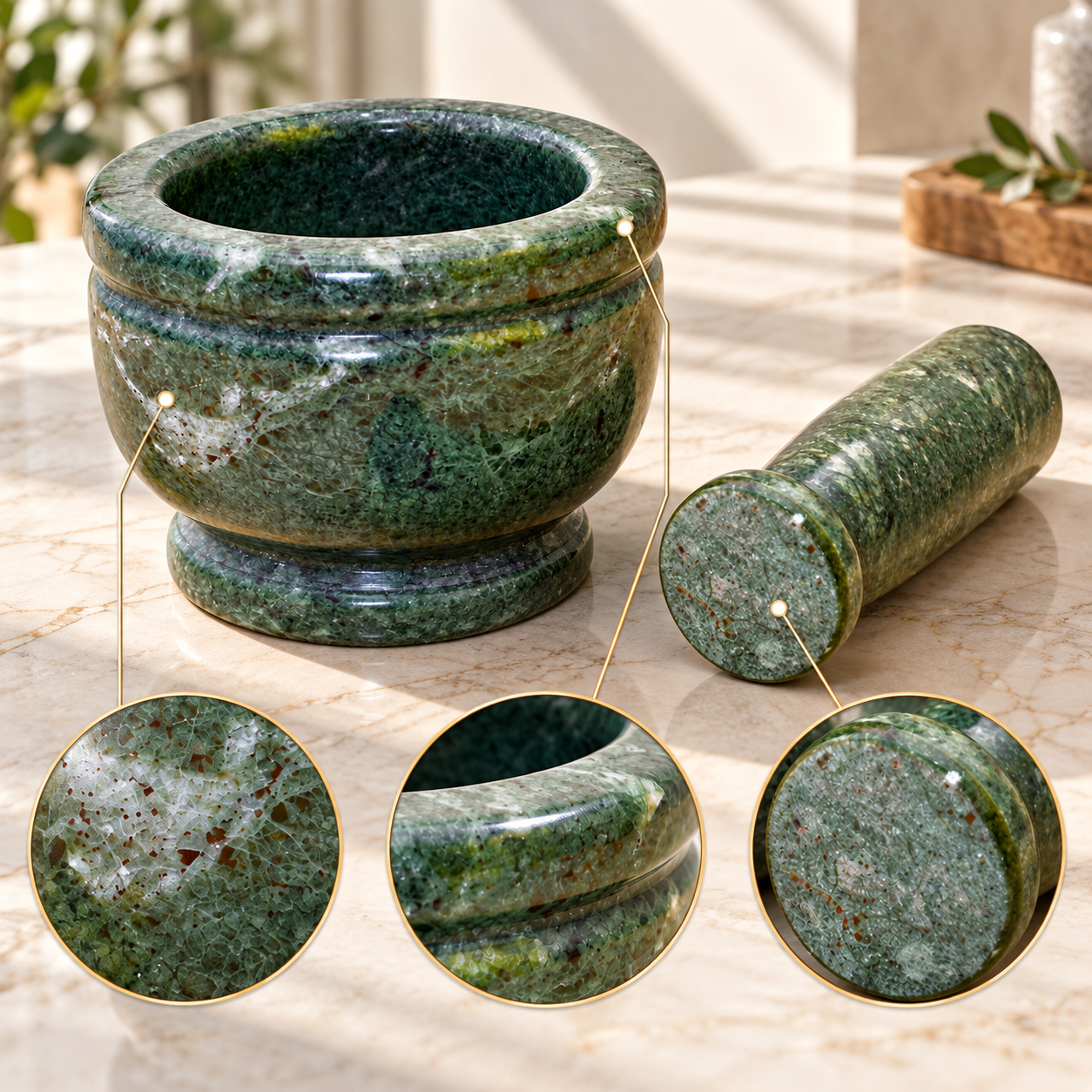 KunhaR Natural Green Marble Mortar and Pestle Set, Imam Dasta, Ohkli Musal, Kharal - 4 x 3 Inches, Green, (Full Polish) - Image 2