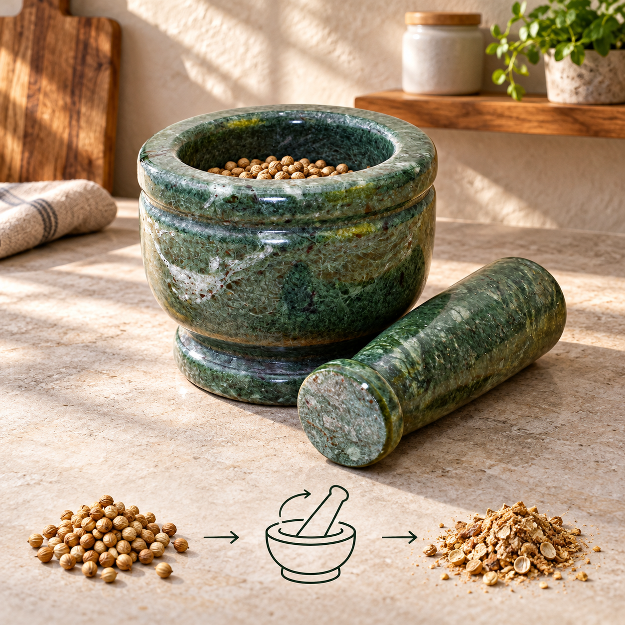 KunhaR Natural Green Marble Mortar and Pestle Set, Imam Dasta, Ohkli Musal, Kharal - 4 x 3 Inches, Green, (Full Polish) - Image 3