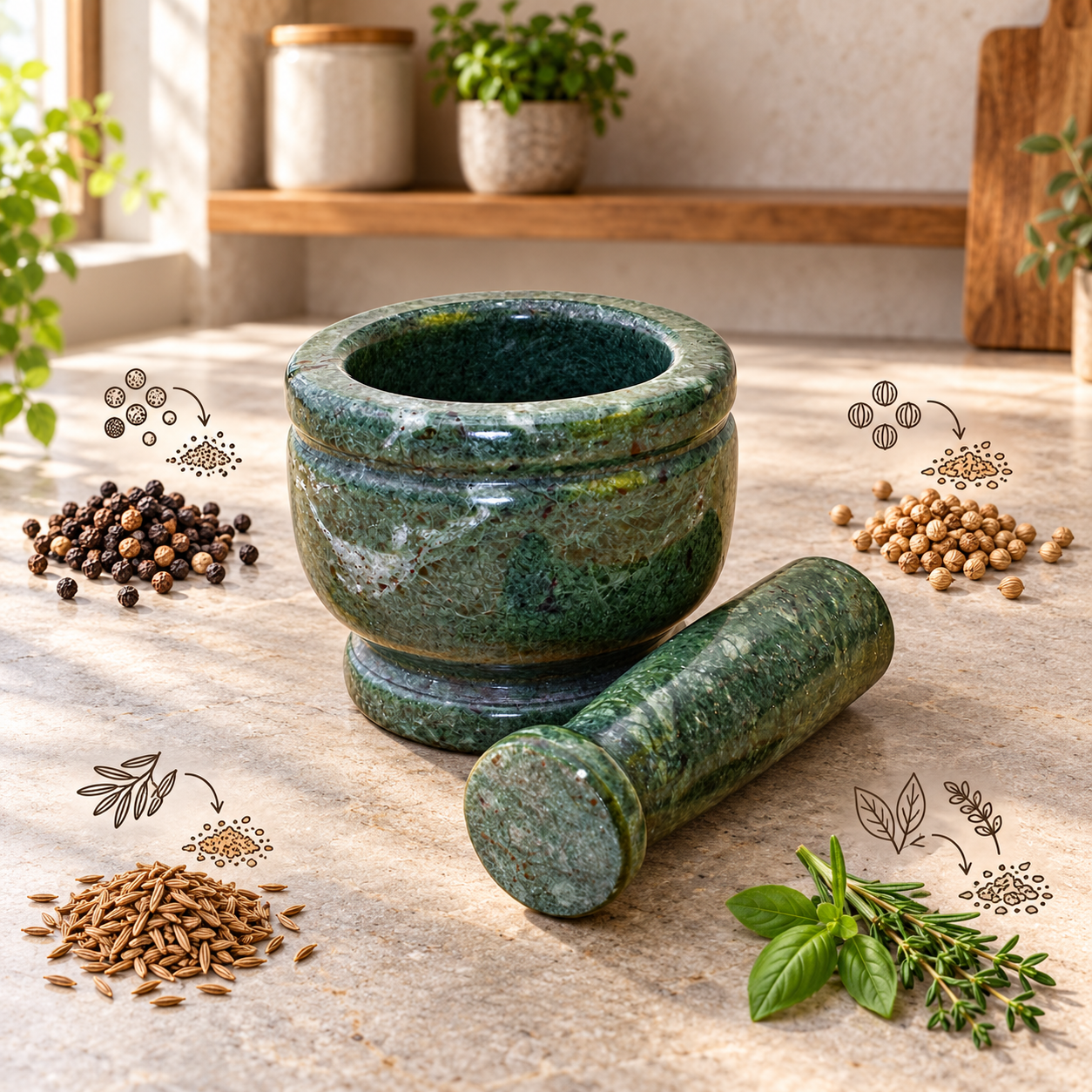 KunhaR Natural Green Marble Mortar and Pestle Set, Imam Dasta, Ohkli Musal, Kharal - 4 x 3 Inches, Green, (Full Polish) - Image 4