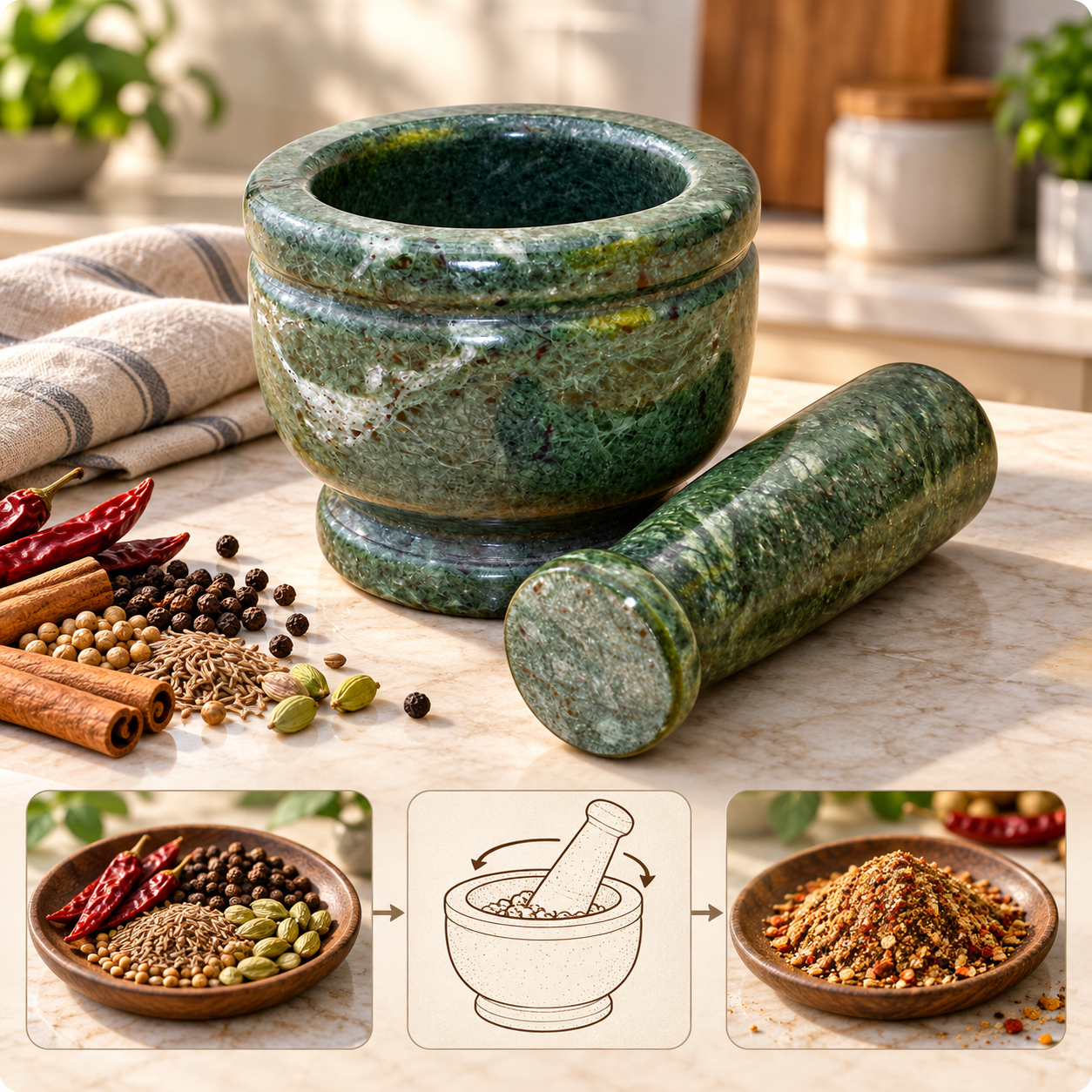 KunhaR Natural Green Marble Mortar and Pestle Set, Imam Dasta, Ohkli Musal, Kharal - 4 x 3 Inches, Green, (Full Polish) - Image 5