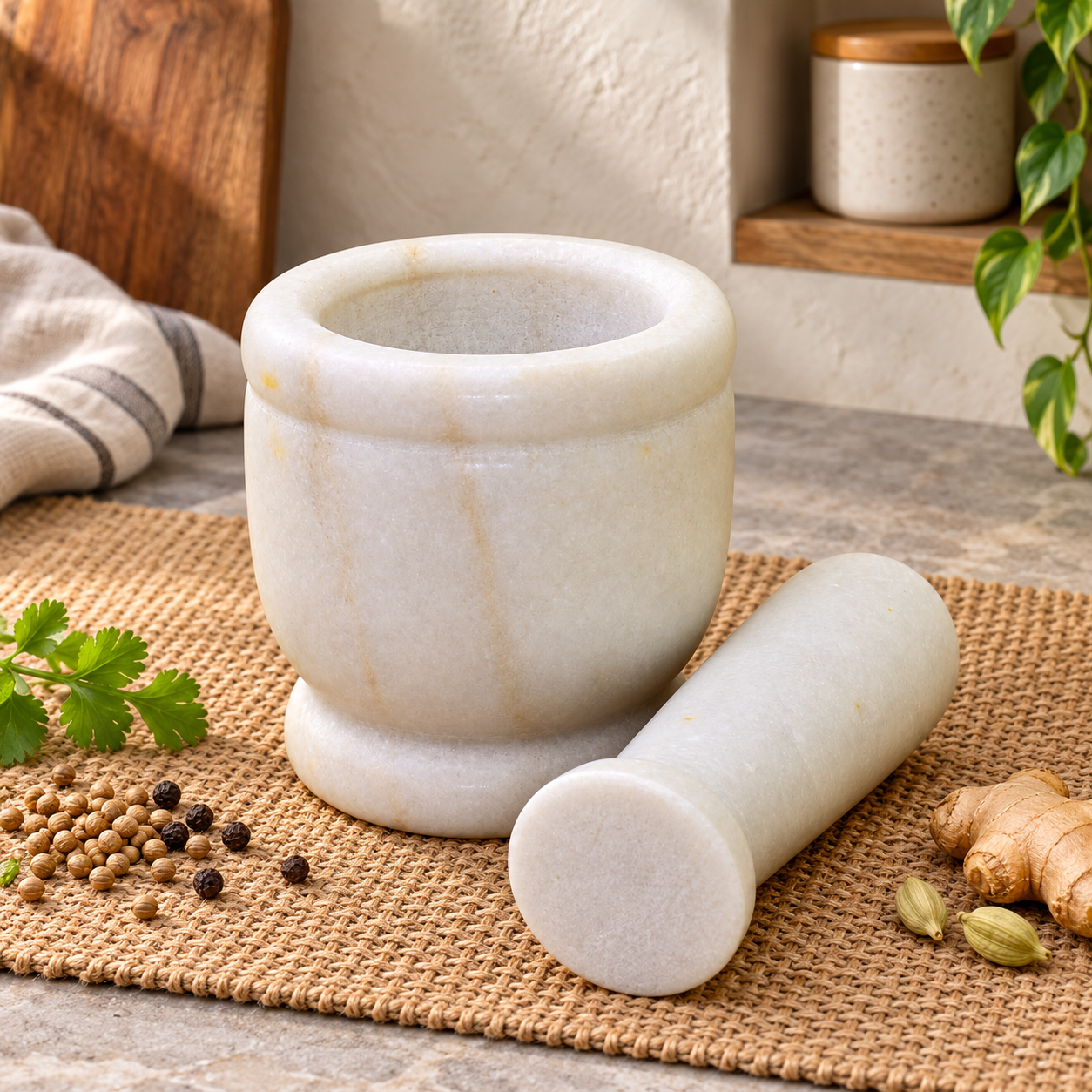 KunhaR Natural White Marble Mortar and Pestle Set, Imam Dasta, Ohkli Musal, Kharal - 4 x 4 Inches, White, (Half Polish)