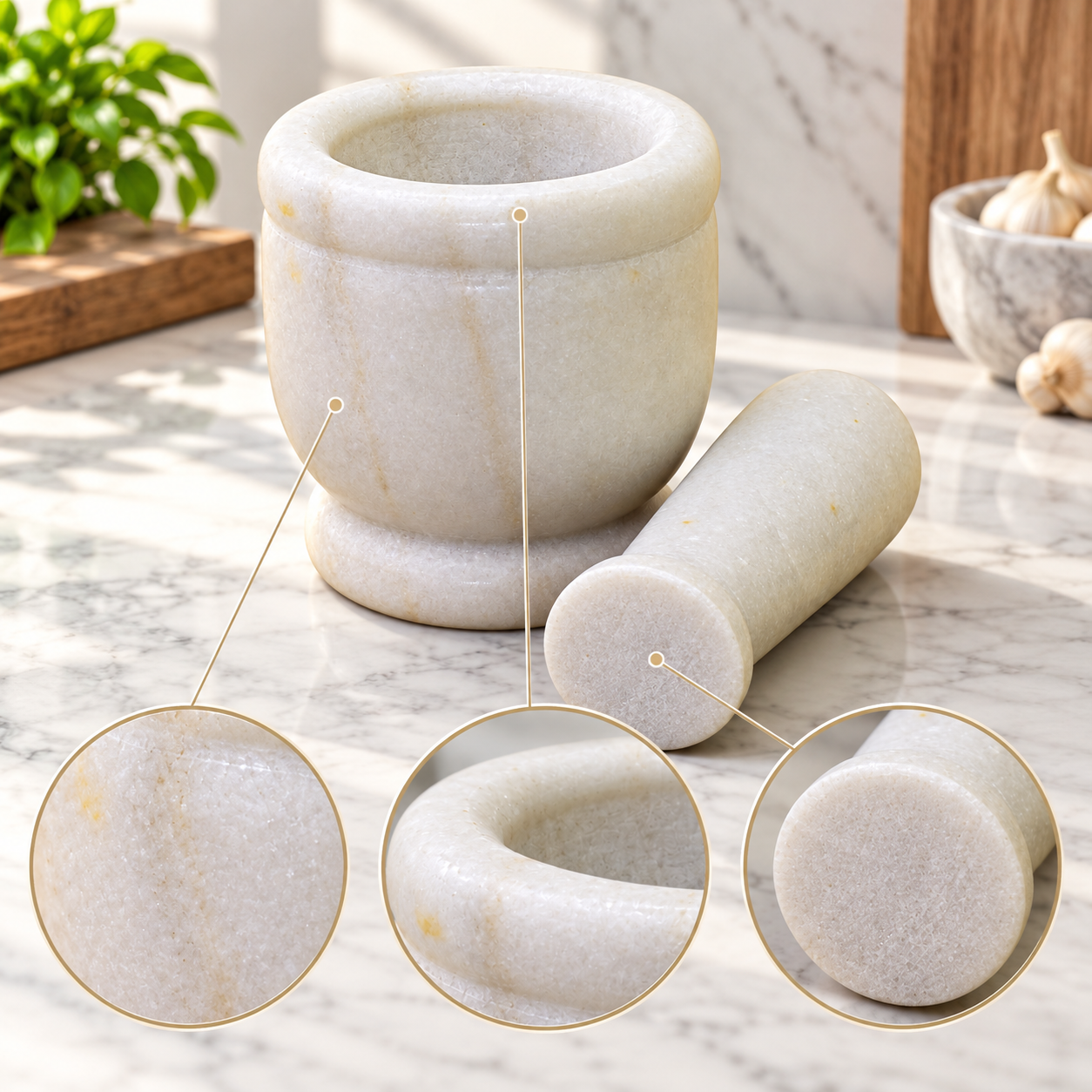 KunhaR Natural White Marble Mortar and Pestle Set, Imam Dasta, Ohkli Musal, Kharal - 4 x 4 Inches, White, (Half Polish)