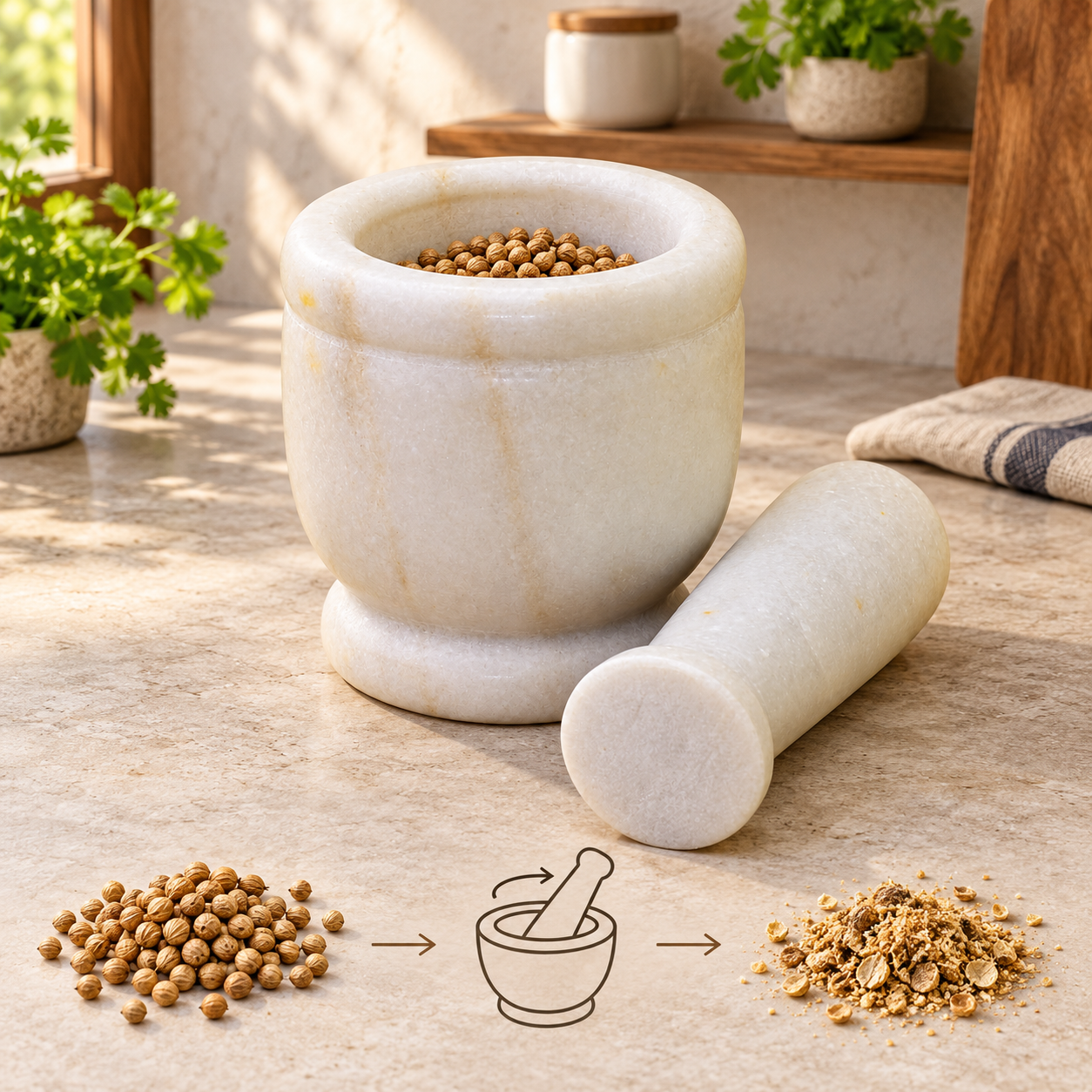 KunhaR Natural White Marble Mortar and Pestle Set, Imam Dasta, Ohkli Musal, Kharal - 4 x 4 Inches, White, (Half Polish)