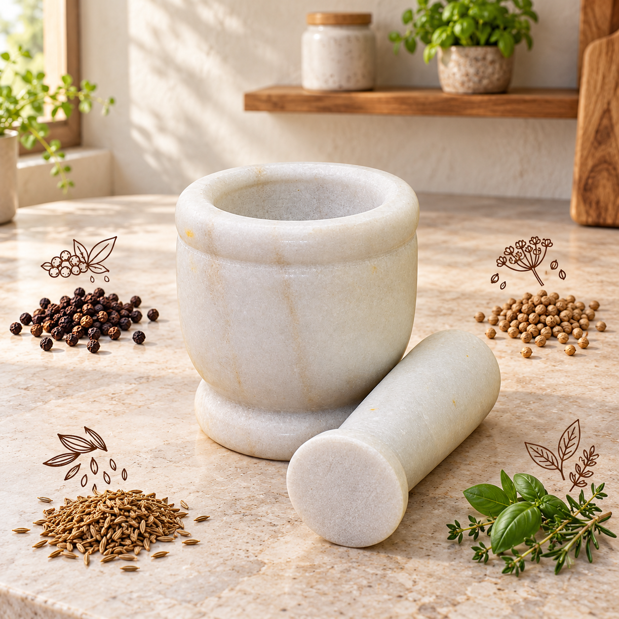 KunhaR Natural White Marble Mortar and Pestle Set, Imam Dasta, Ohkli Musal, Kharal - 4 x 4 Inches, White, (Half Polish)