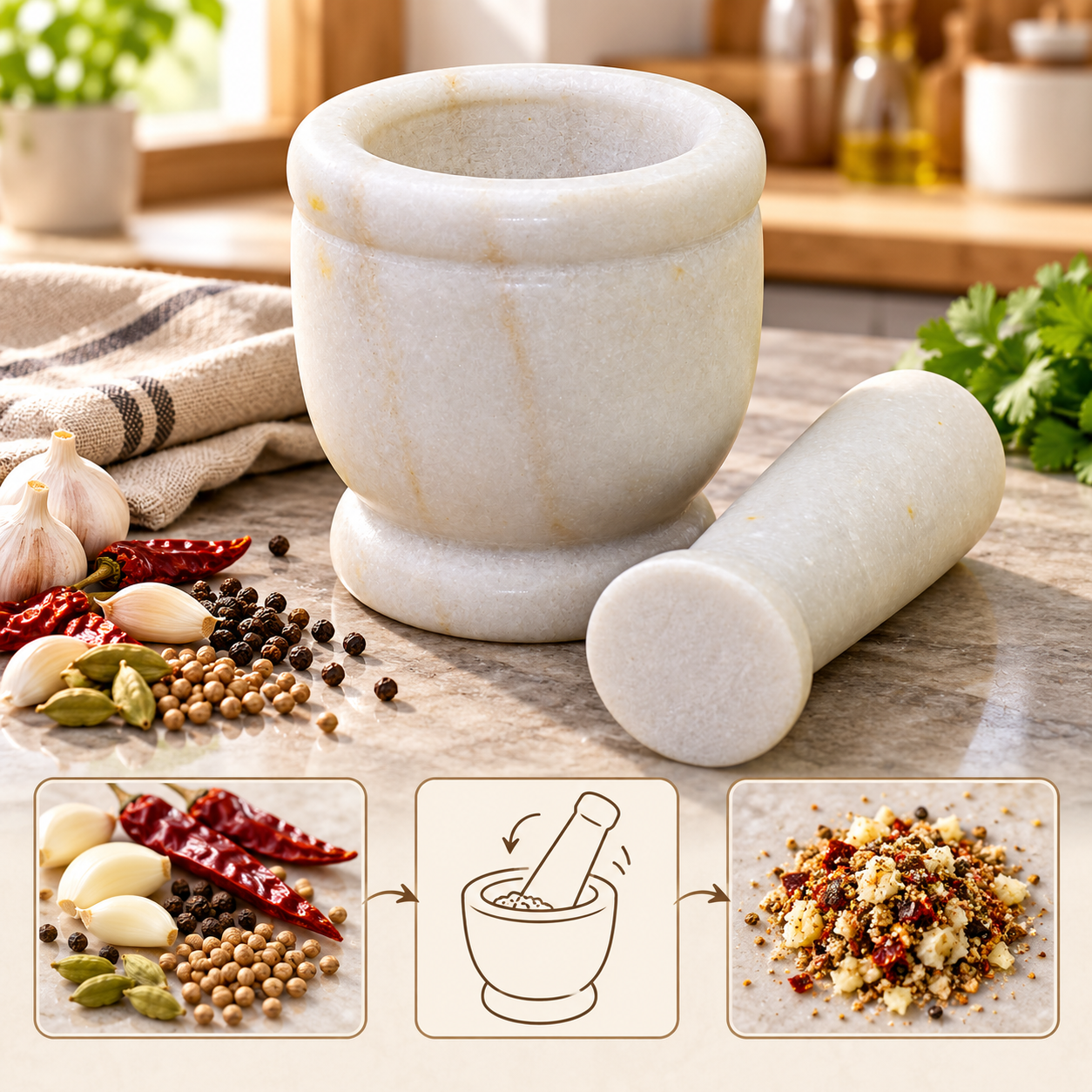 KunhaR Natural White Marble Mortar and Pestle Set, Imam Dasta, Ohkli Musal, Kharal - 4 x 4 Inches, White, (Half Polish)