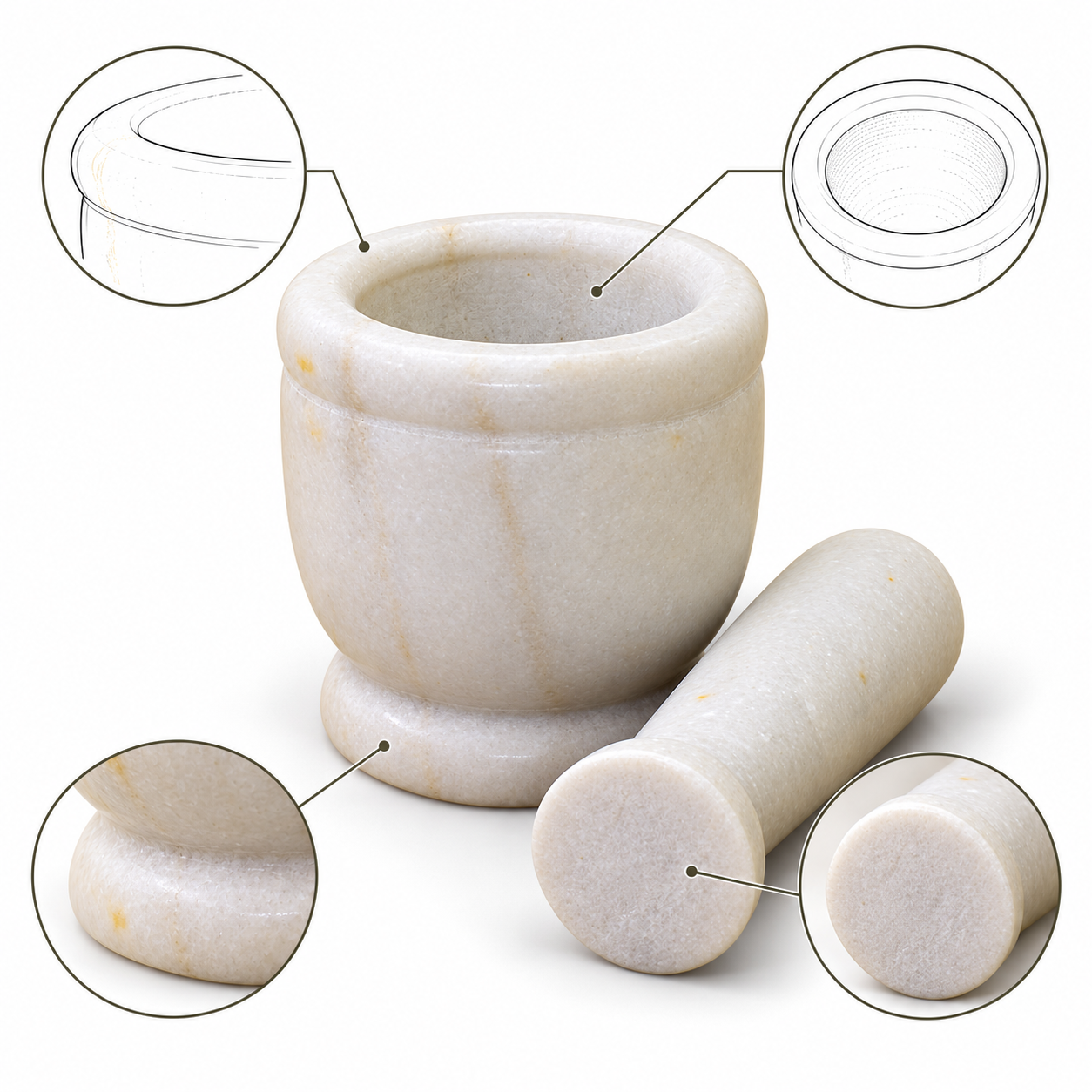 KunhaR Natural White Marble Mortar and Pestle Set, Imam Dasta, Ohkli Musal, Kharal - 4 x 4 Inches, White, (Half Polish)