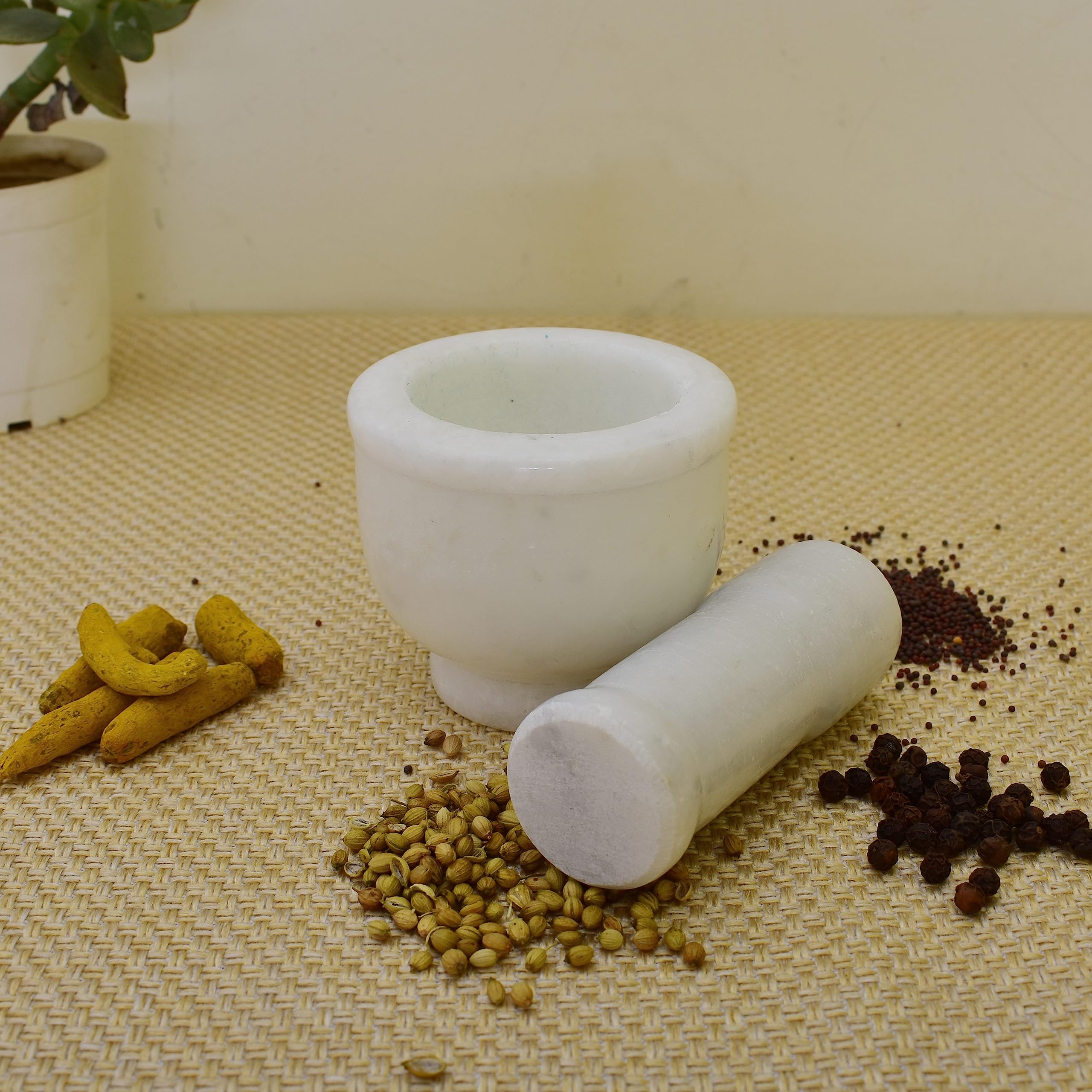 KunhaR Natural White Marble Mortar and Pestle Set, Imam Dasta, Ohkli Musal, Kharal - 3 x 2.5 Inches, White, (Half Polish) - Image 7