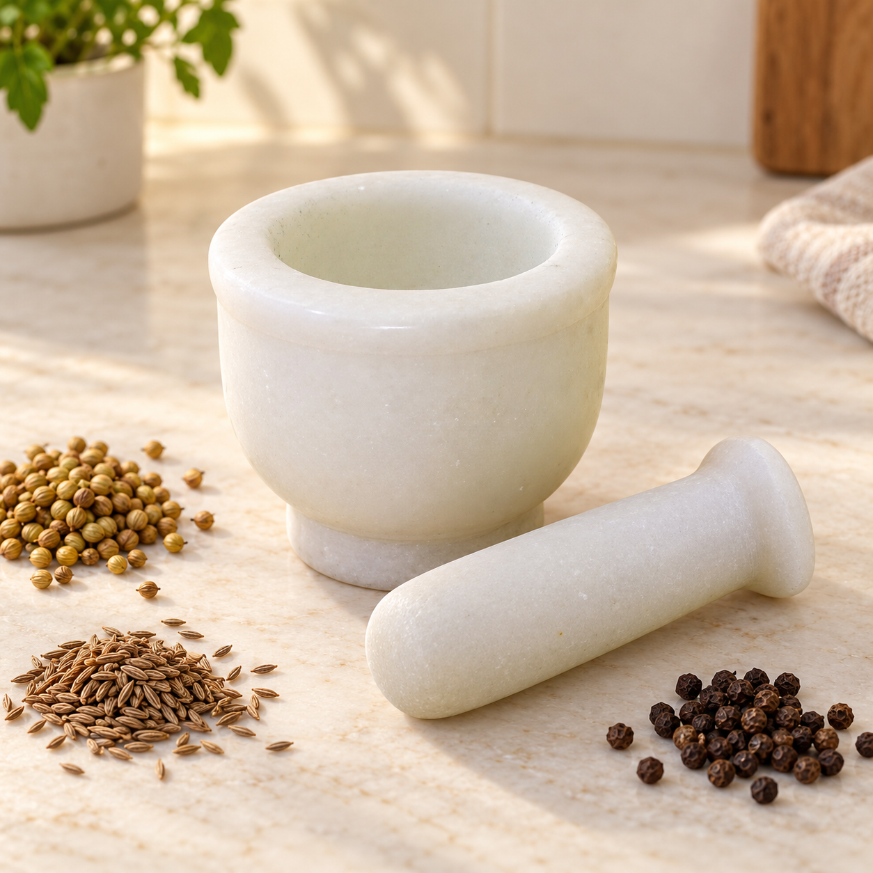 KunhaR Natural White Marble Mortar and Pestle Set, Imam Dasta, Ohkli Musal, Kharal - 3 x 2.5 Inches, White, (Half Polish)