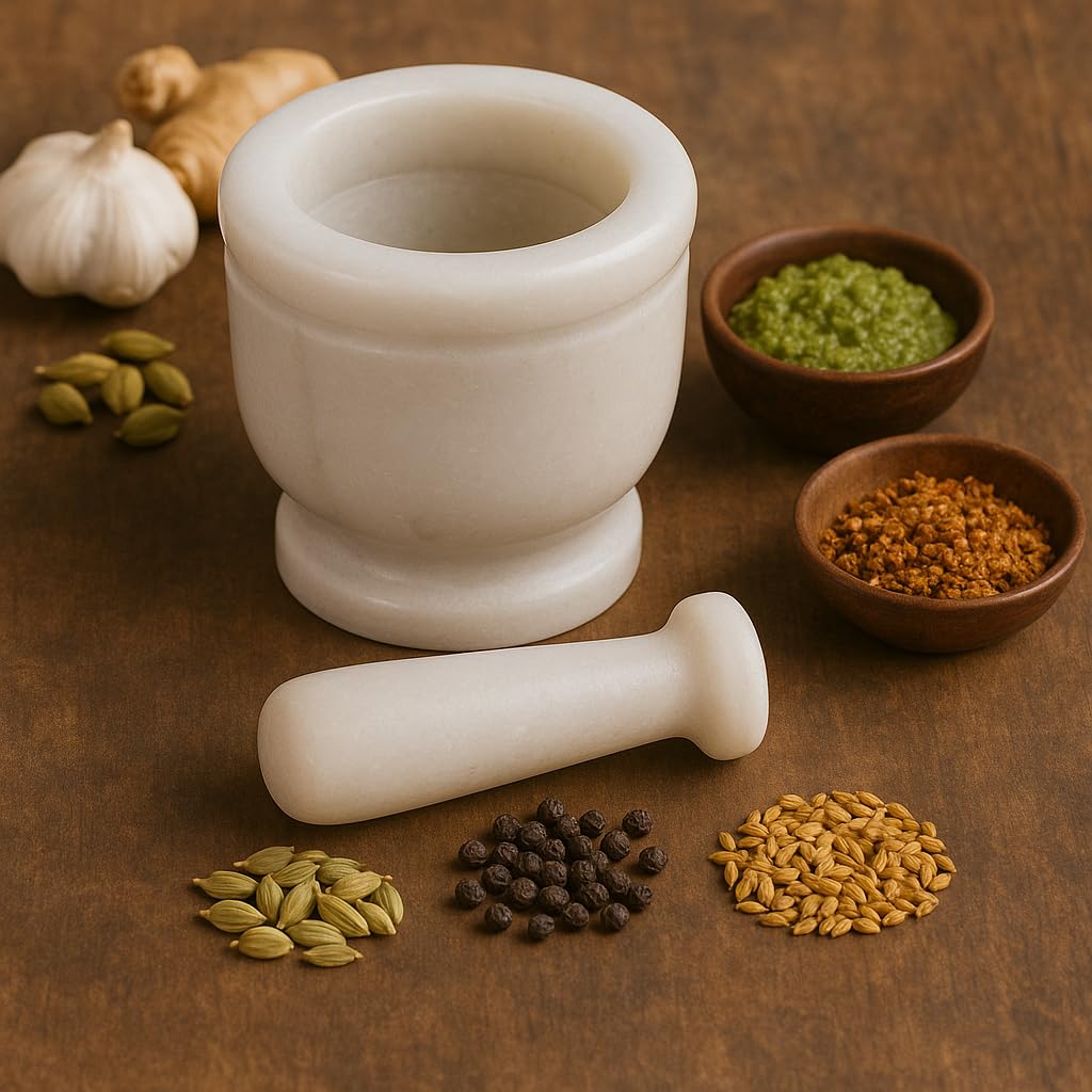 KunhaR Natural White Marble Mortar and Pestle Set, Imam Dasta, Ohkli Musal, Kharal - 3 x 3 Inches, White, (Half Polish) - Image 8