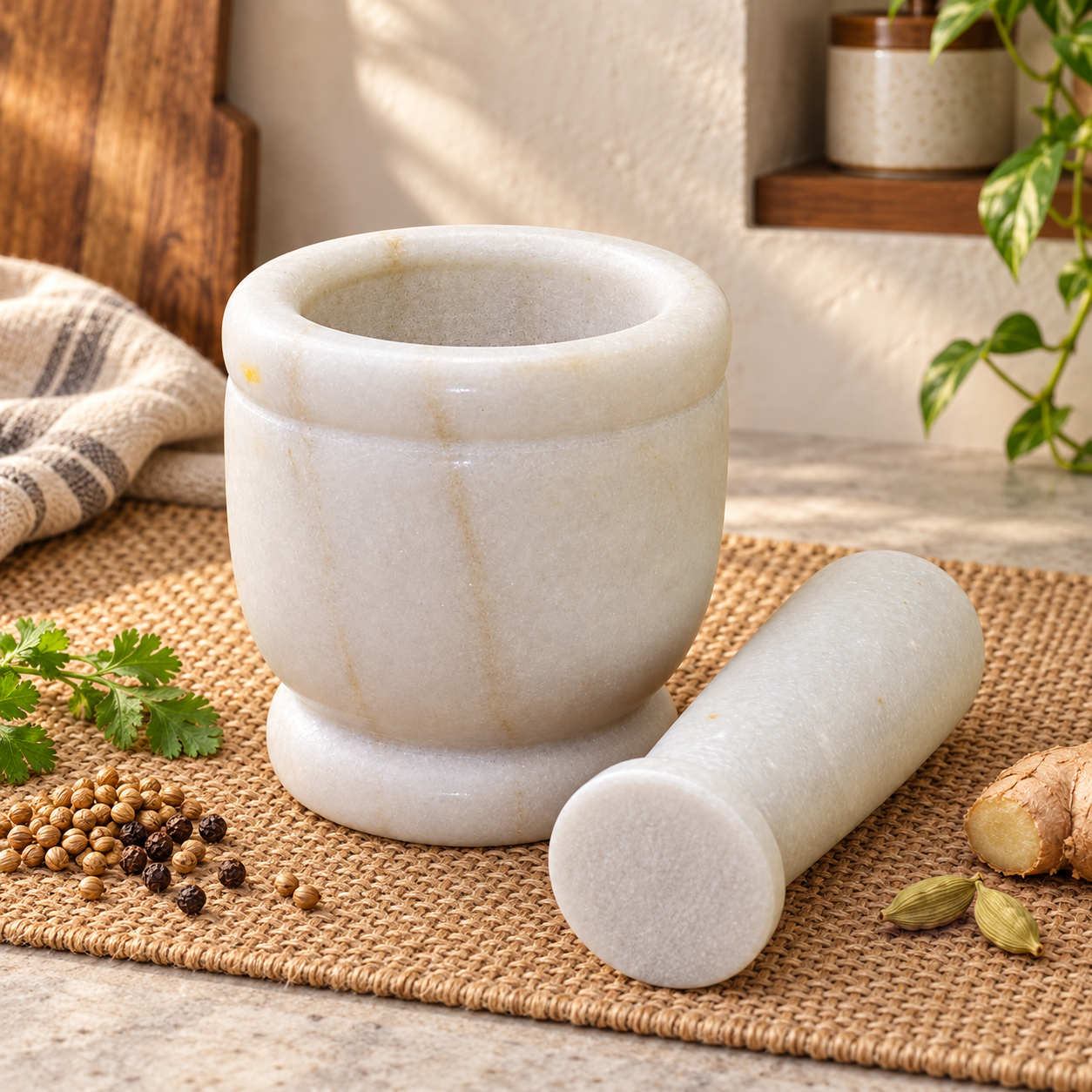 KunhaR Natural White Marble Mortar and Pestle Set, Imam Dasta, Ohkli Musal, Kharal - 3 x 3 Inches, White, (Half Polish)