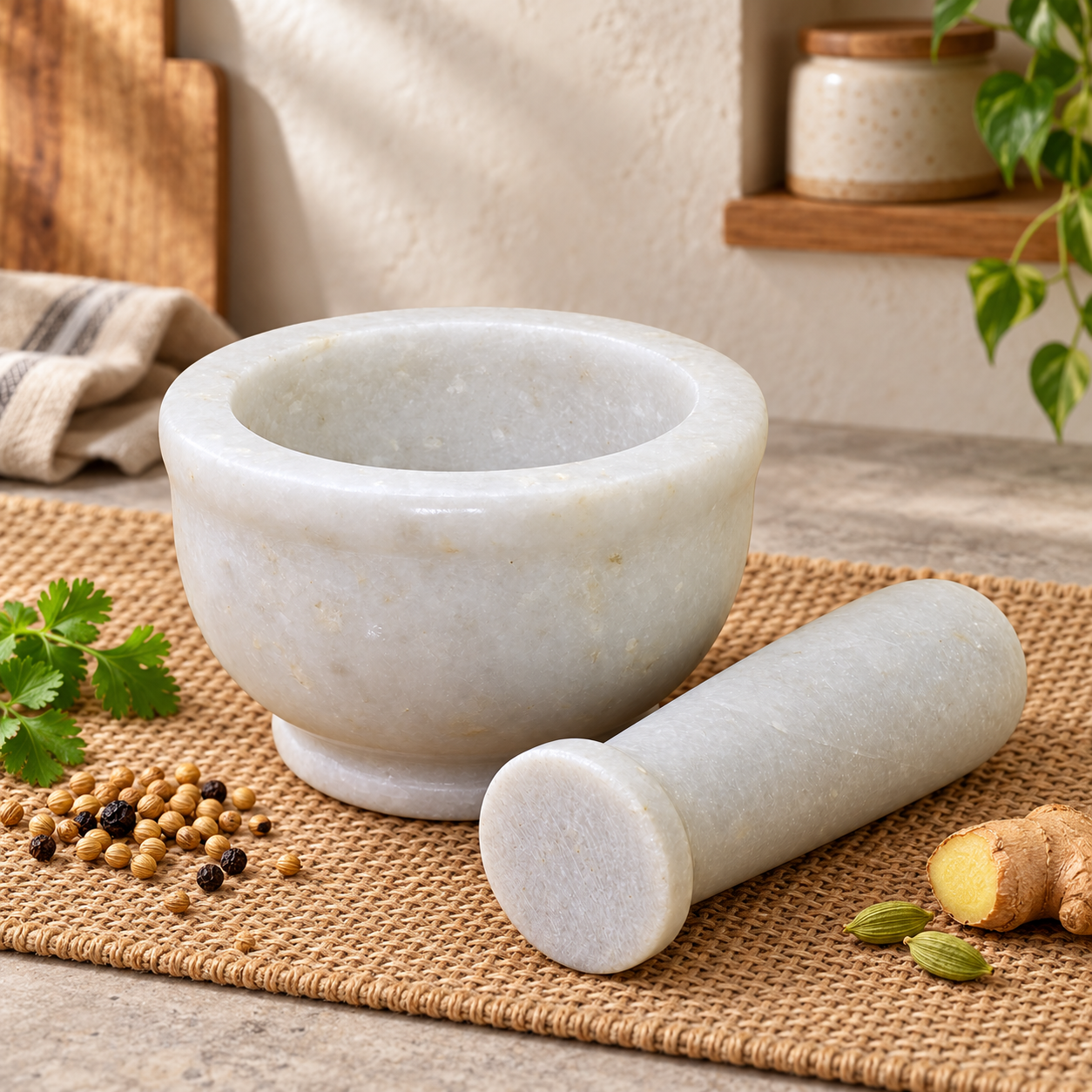 KunhaR Natural White Marble Mortar and Pestle Set, Imam Dasta, Ohkli Musal, Kharal - 4 x 2.5 Inches, White, (Half Polish)