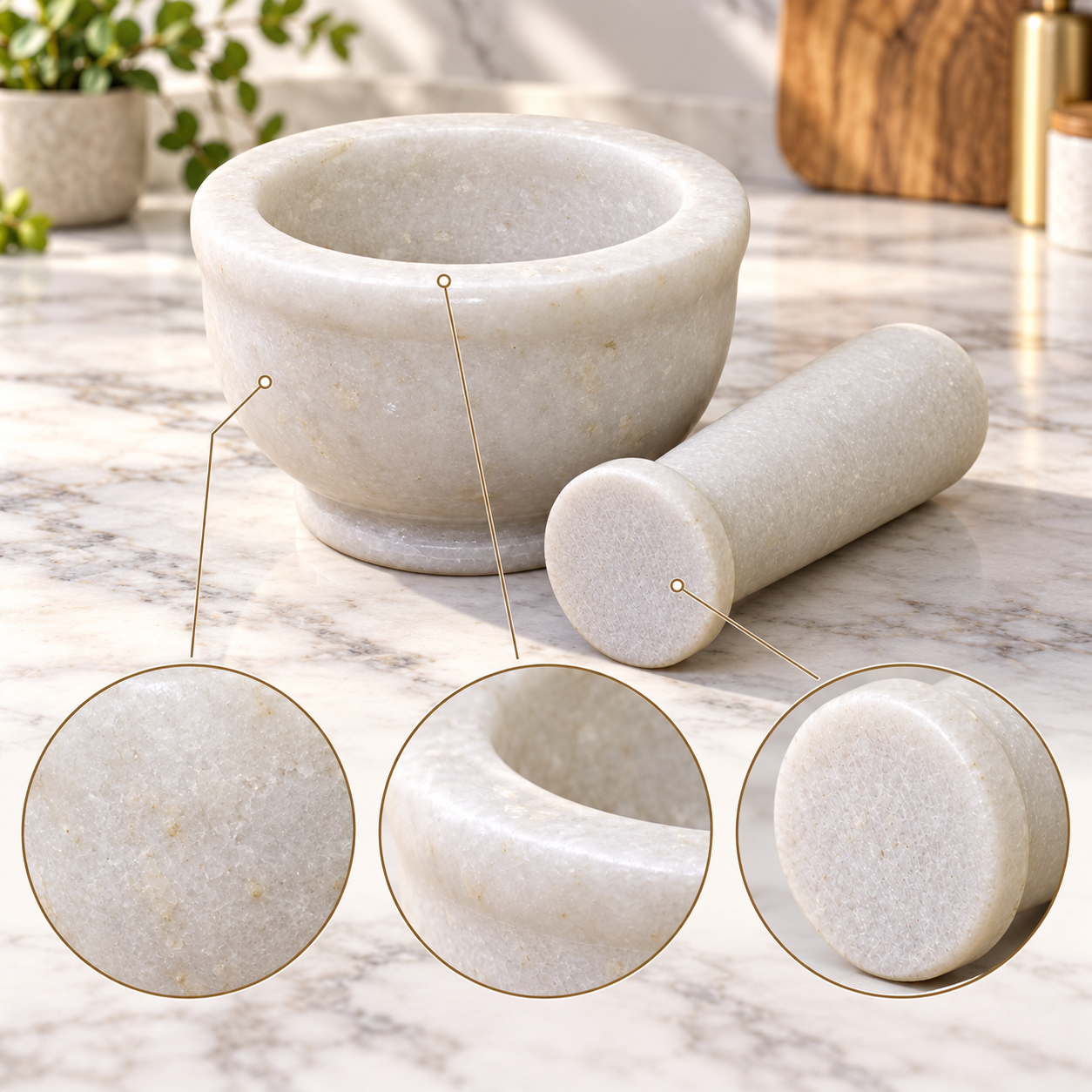 KunhaR Natural White Marble Mortar and Pestle Set, Imam Dasta, Ohkli Musal, Kharal - 4 x 2.5 Inches, White, (Half Polish)