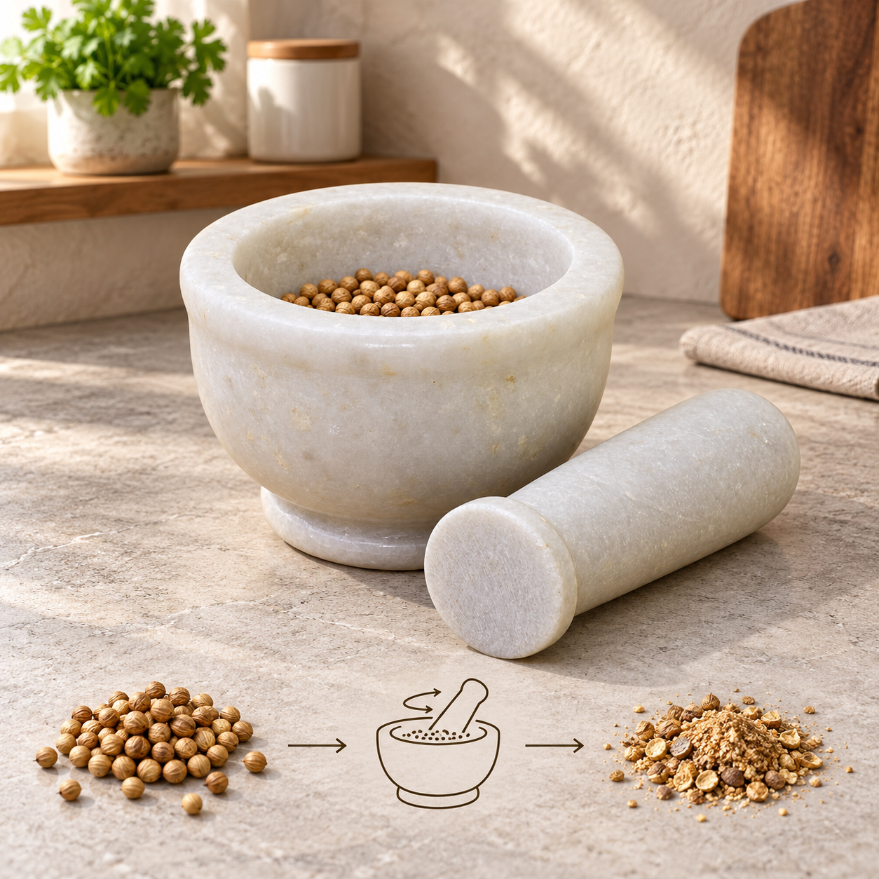 KunhaR Natural White Marble Mortar and Pestle Set, Imam Dasta, Ohkli Musal, Kharal - 4 x 2.5 Inches, White, (Half Polish)