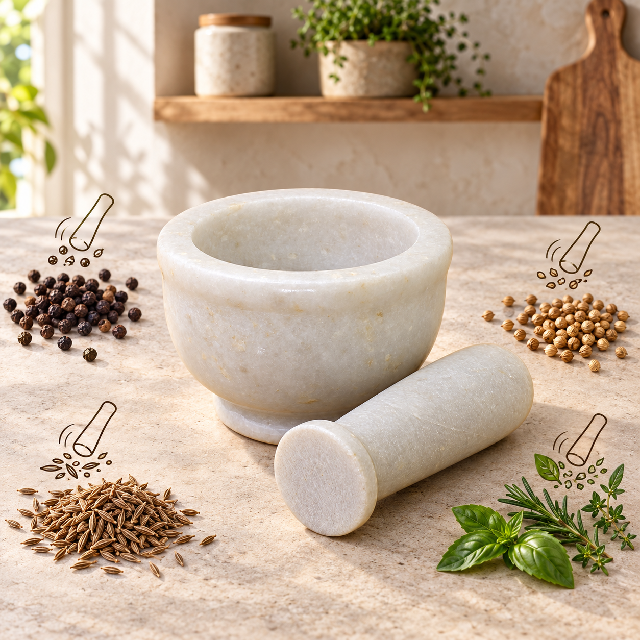 KunhaR Natural White Marble Mortar and Pestle Set, Imam Dasta, Ohkli Musal, Kharal - 4 x 2.5 Inches, White, (Half Polish)