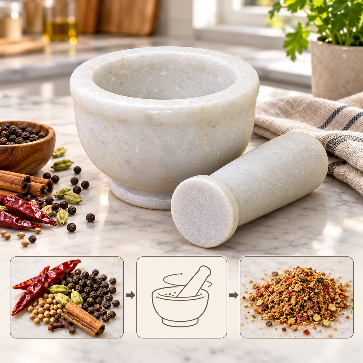 KunhaR Natural White Marble Mortar and Pestle Set, Imam Dasta, Ohkli Musal, Kharal - 4 x 2.5 Inches, White, (Half Polish)