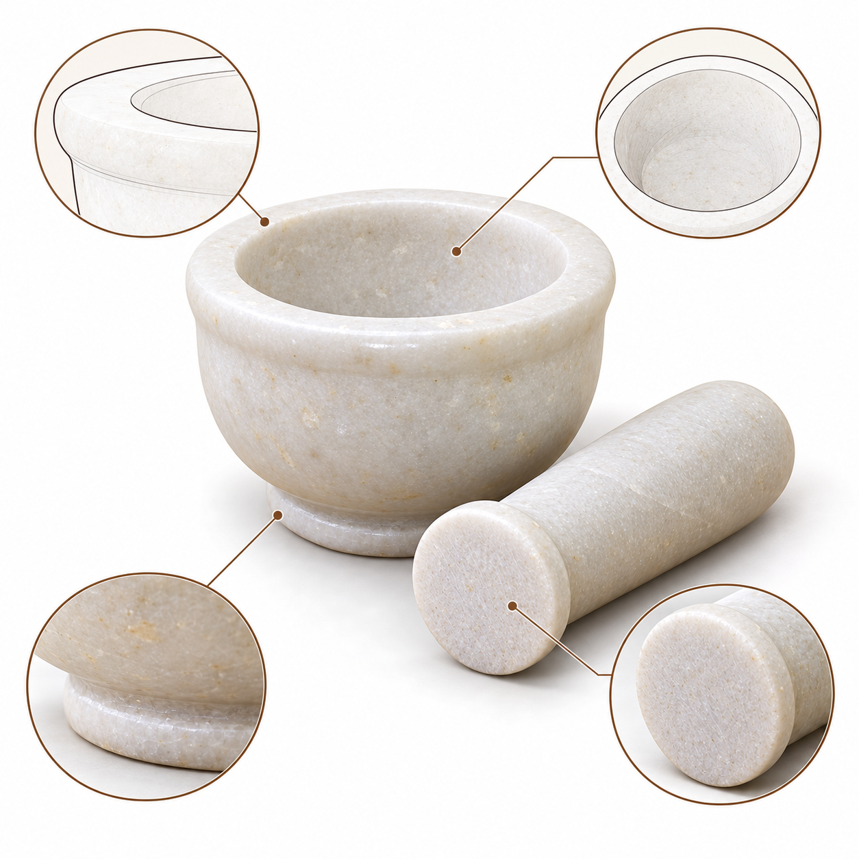 KunhaR Natural White Marble Mortar and Pestle Set, Imam Dasta, Ohkli Musal, Kharal - 4 x 2.5 Inches, White, (Half Polish)