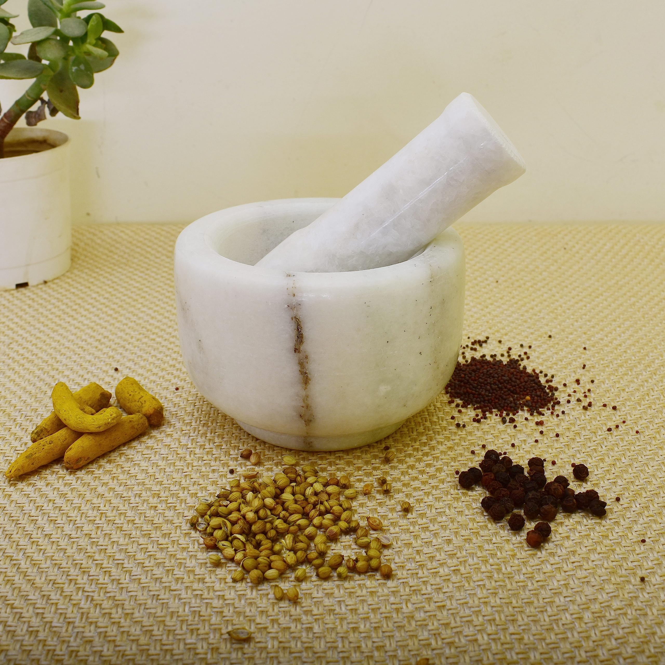 KunhaR Natural White Marble Mortar and Pestle Set, Imam Dasta, Ohkli Musal, Kharal - 4 x 2.5 Inches, White, (Half Polish) - Image 4