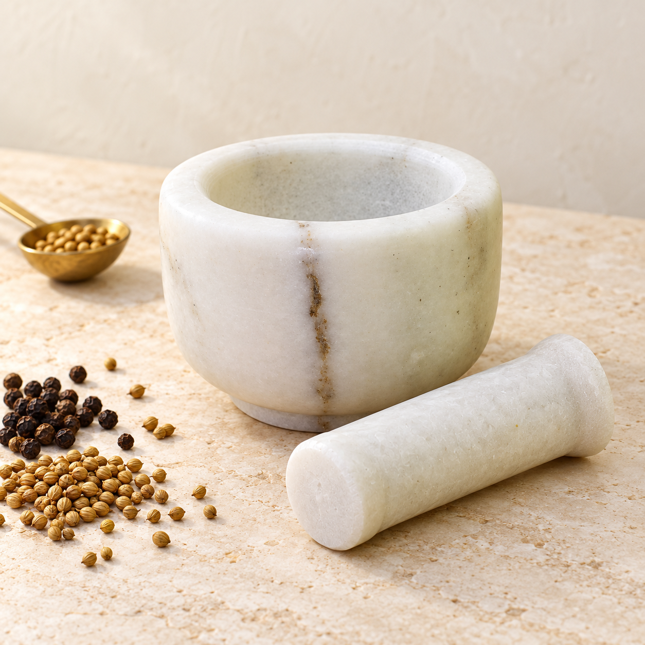 KunhaR Natural White Marble Mortar and Pestle Set, Imam Dasta, Ohkli Musal, Kharal - 4 x 2.5 Inches, White, (Half Polish)