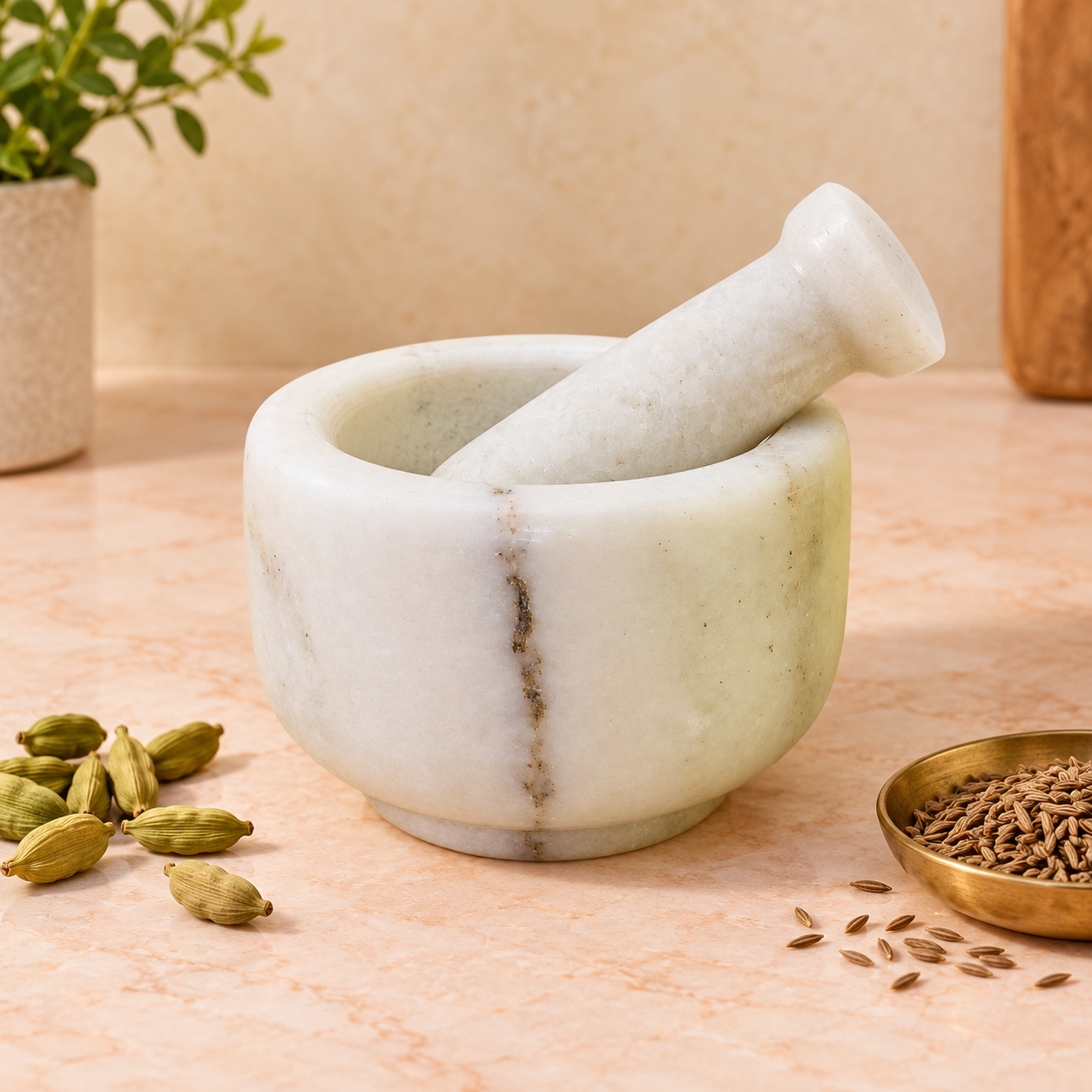 KunhaR Natural White Marble Mortar and Pestle Set, Imam Dasta, Ohkli Musal, Kharal - 4 x 2.5 Inches, White, (Half Polish) - Image 4