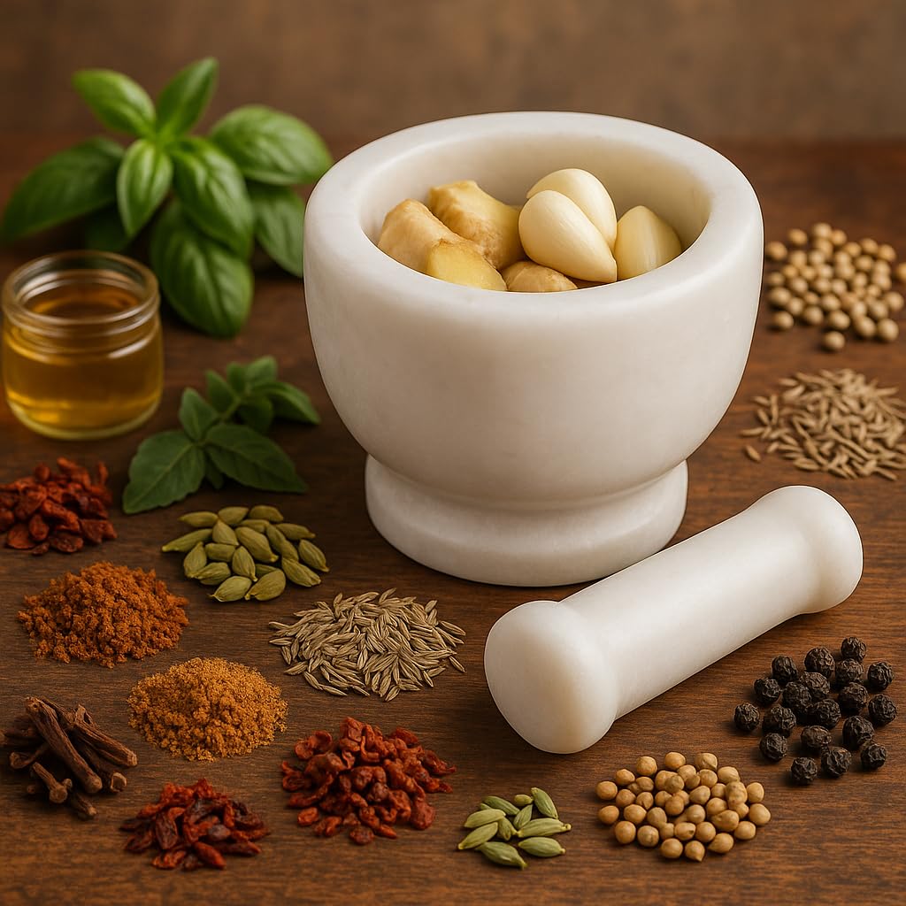 KunhaR Natural White Marble Mortar and Pestle Set, Imam Dasta, Ohkli Musal, Kharal - 4 x 3 Inches, White, (Half Polish)