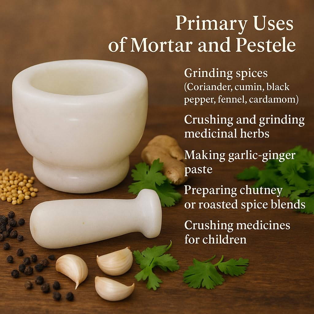 KunhaR Natural White Marble Mortar and Pestle Set, Imam Dasta, Ohkli Musal, Kharal - 4 x 3 Inches, White, (Half Polish) - Image 2