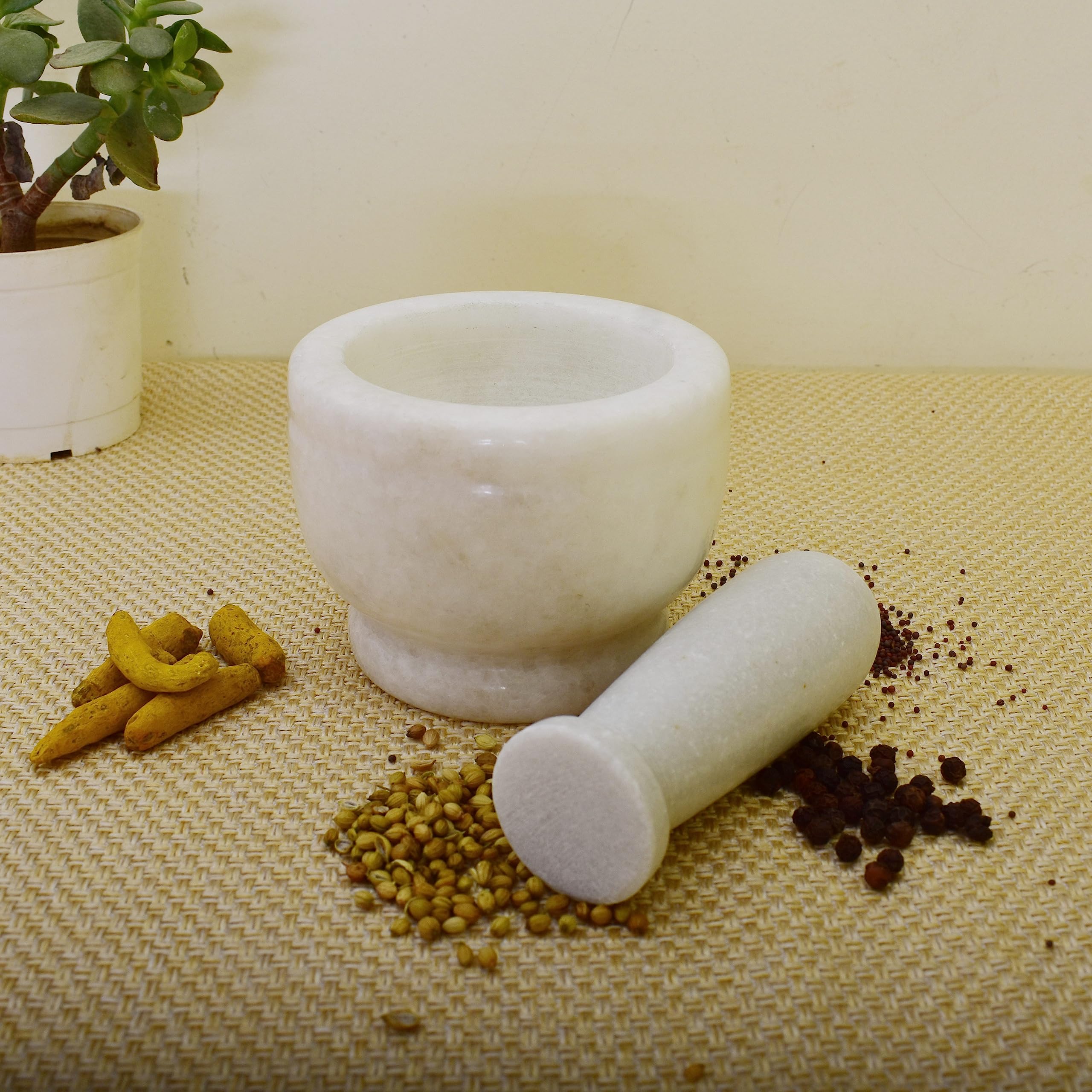 KunhaR Natural White Marble Mortar and Pestle Set, Imam Dasta, Ohkli Musal, Kharal - 4 x 3 Inches, White, (Half Polish) - Image 3